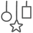 Circle, star, and rectangle icon, each hanging on a string