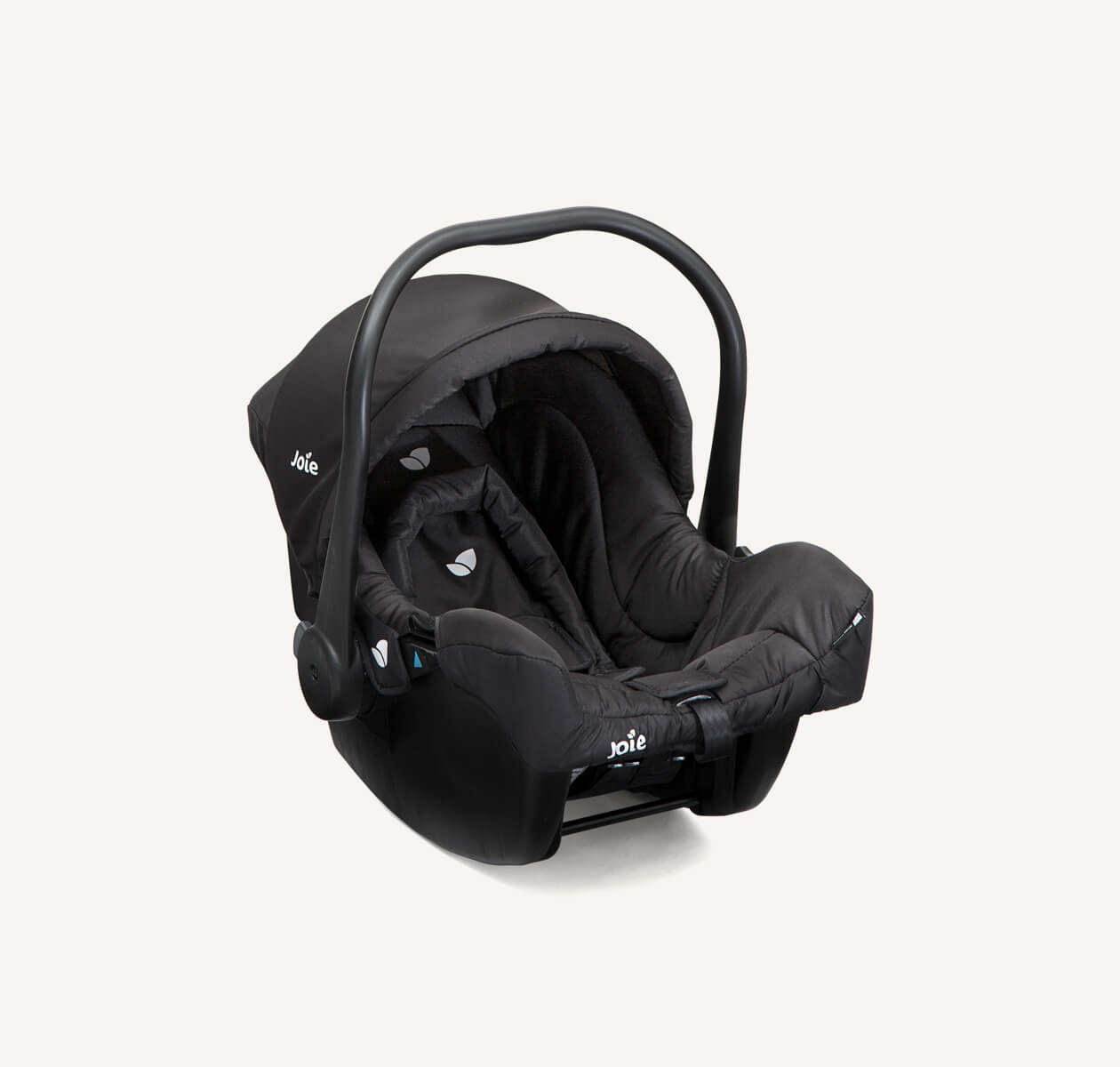 Joie juva baby car seat in black from the front view with canopy raised.