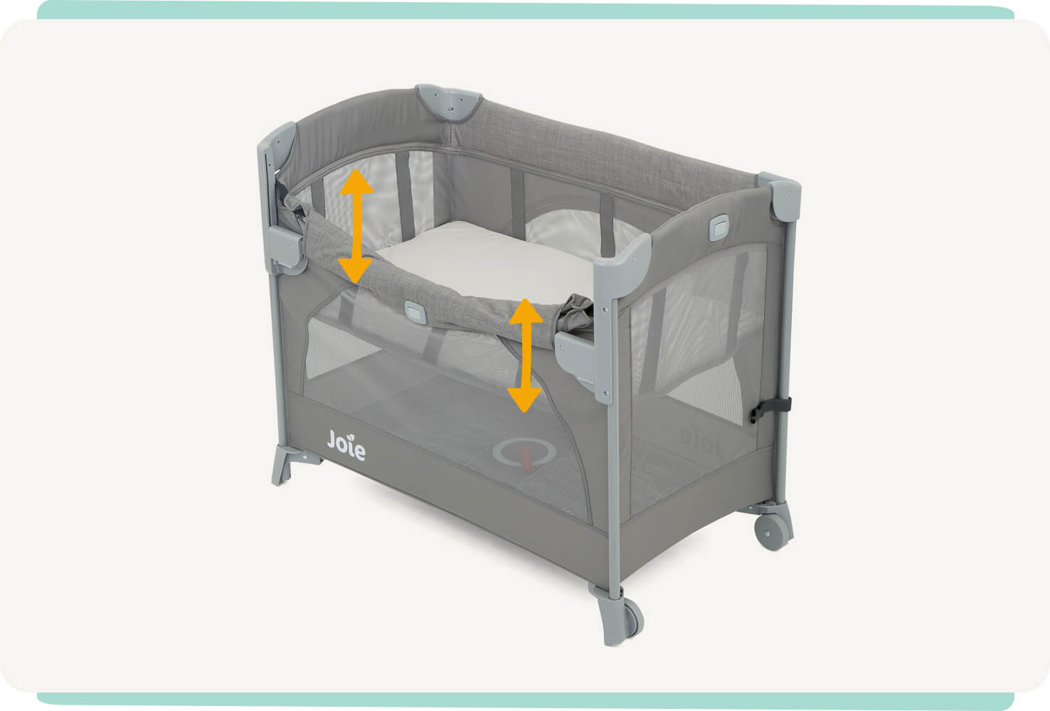 Joie kubbie sleep bedside cot in gray with lift and lower side down with arrows showing it’s movement. 