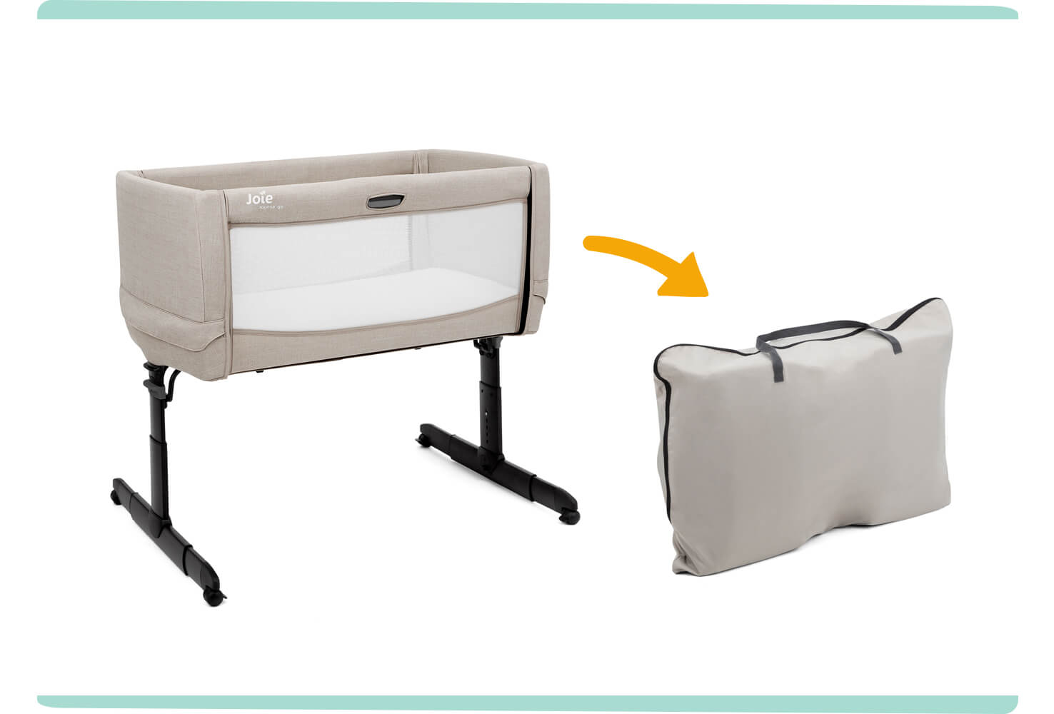 Angled view of the Joie Roomie Go bedside crib with an orange arrow pointing to a folded crib inside a travel bag.