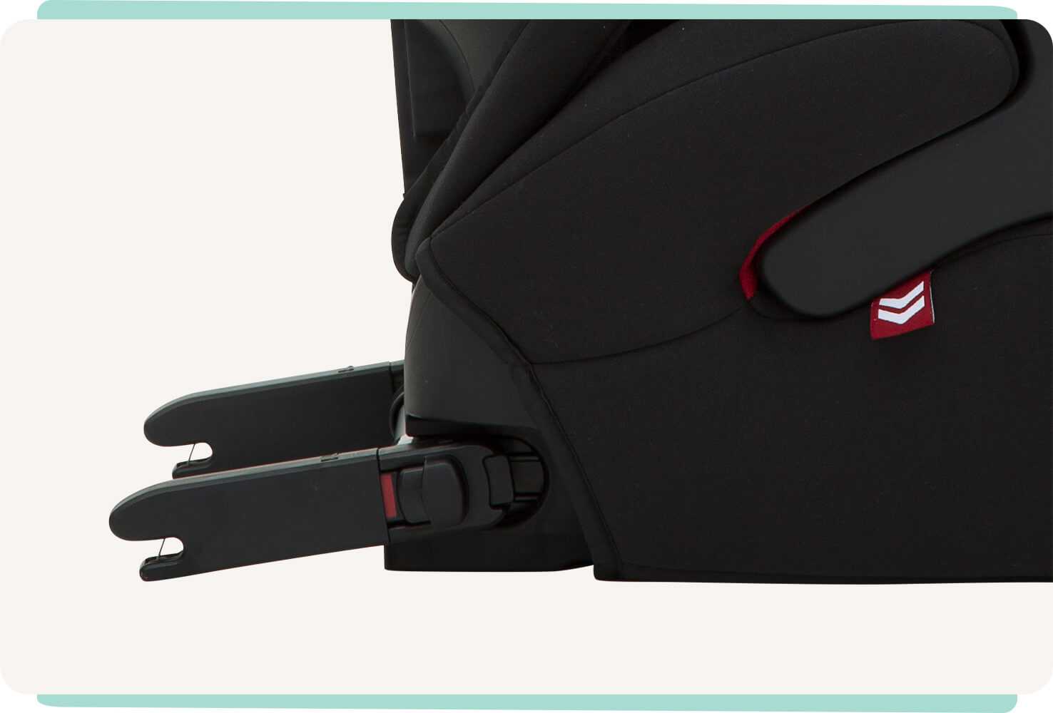  Joie traver booster seat in black with a close up of the ISOFIX. 