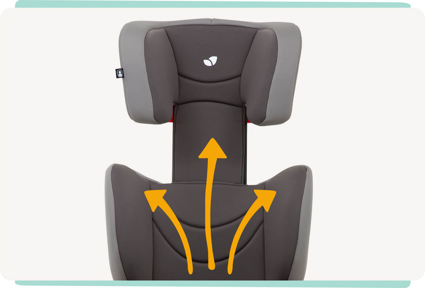  Zoomed in view of the headrest on Joie trillo booster seat with three orange arrows displaying the different headrest positions.