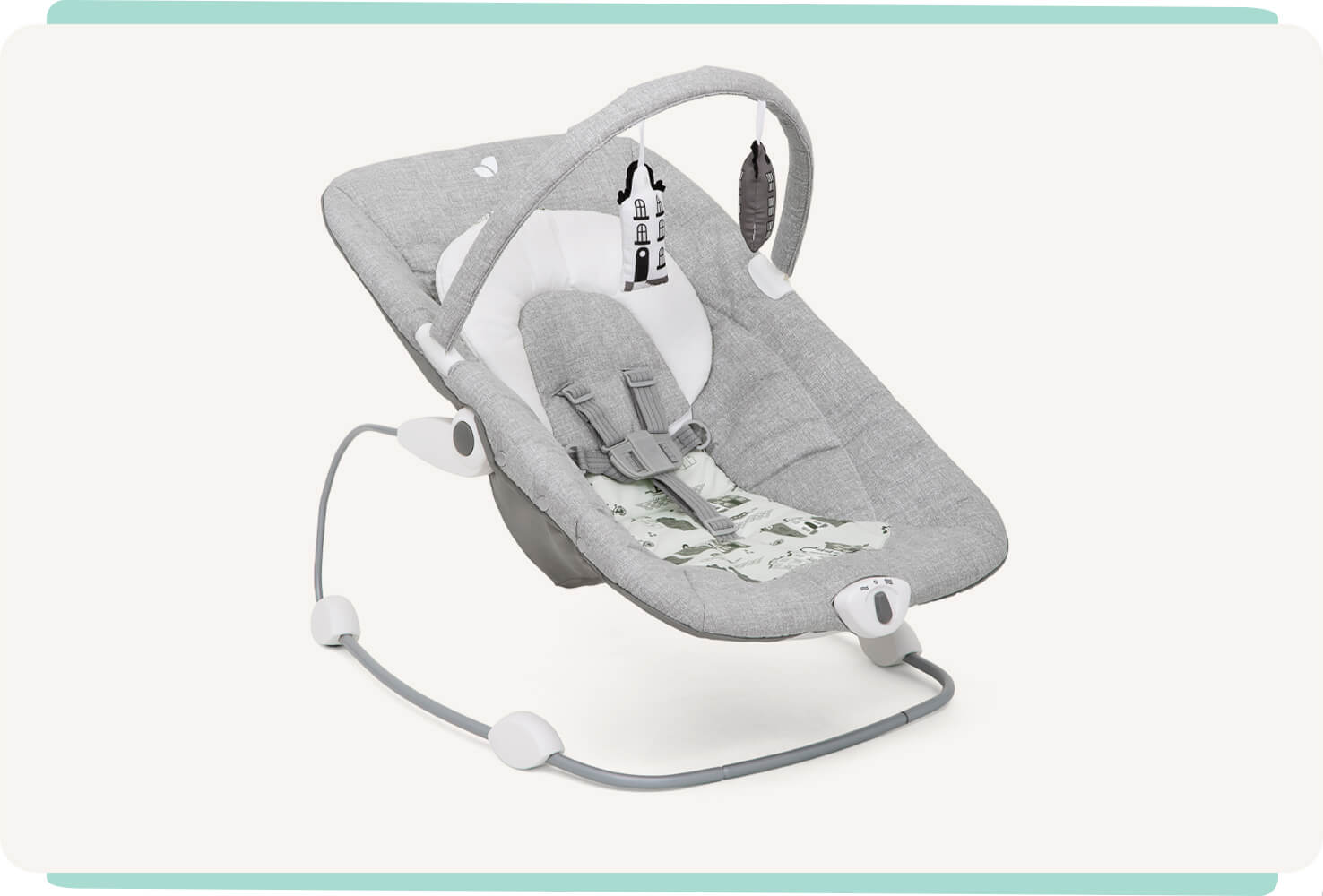   Joie light gray wish bouncer at a right angle.
