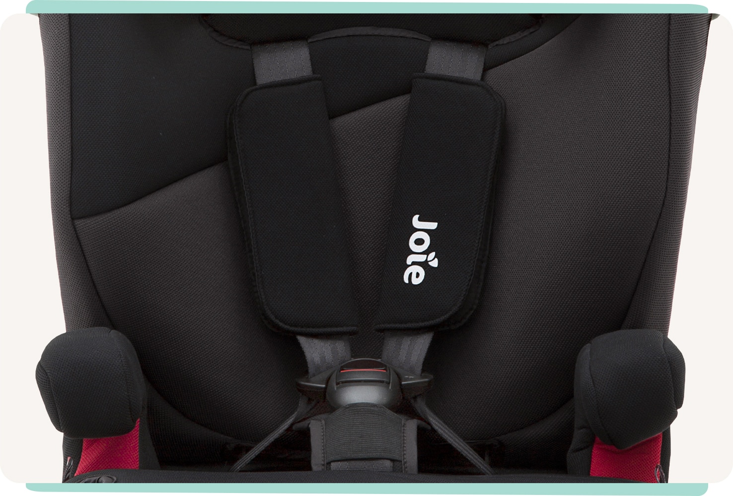 Closeup of Joie Elevate booster car seat 5-point harness.