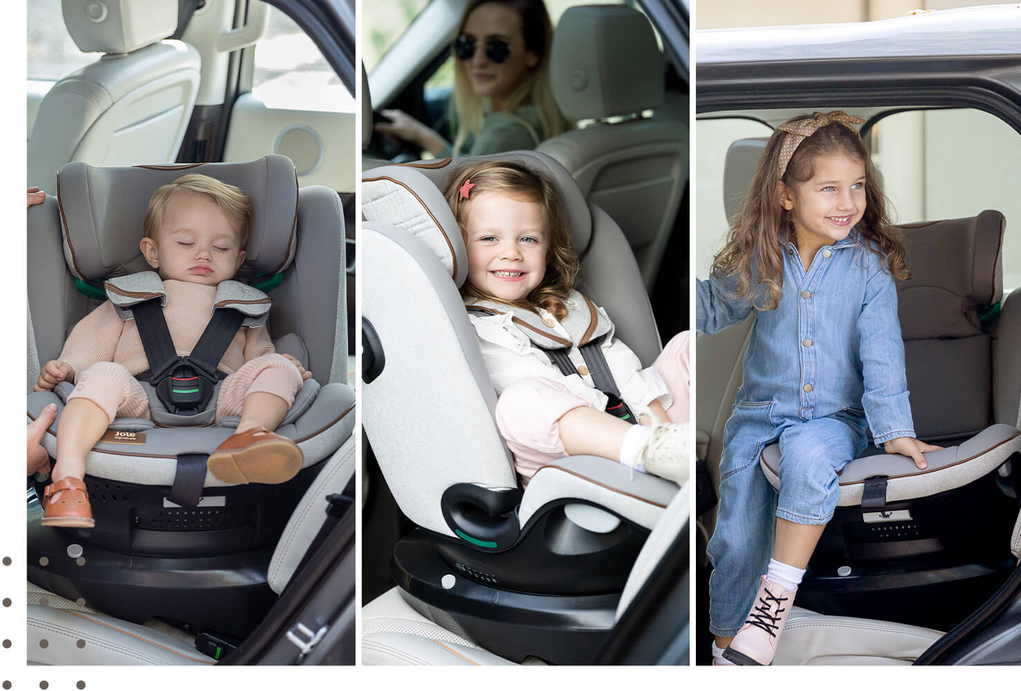  3 images côte à côte de fillettes assises dans le siège auto i-Spin Grow : bébé, petit enfant et enfant plus grand.