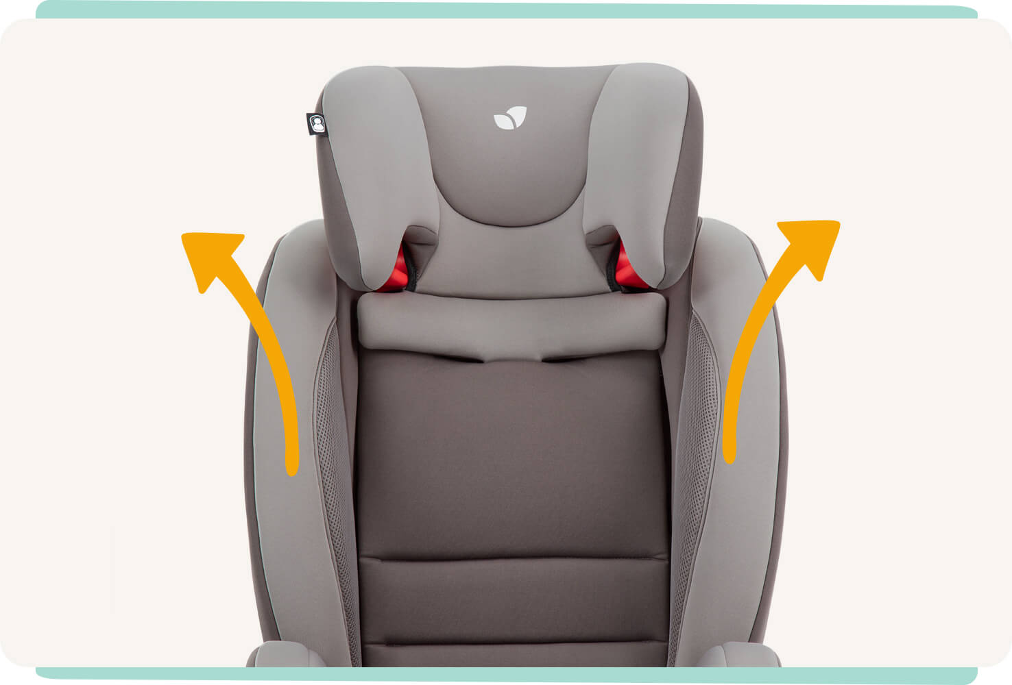 Front view of fortifi child car seat with headrest partially raised and two arrows pointing up and out.