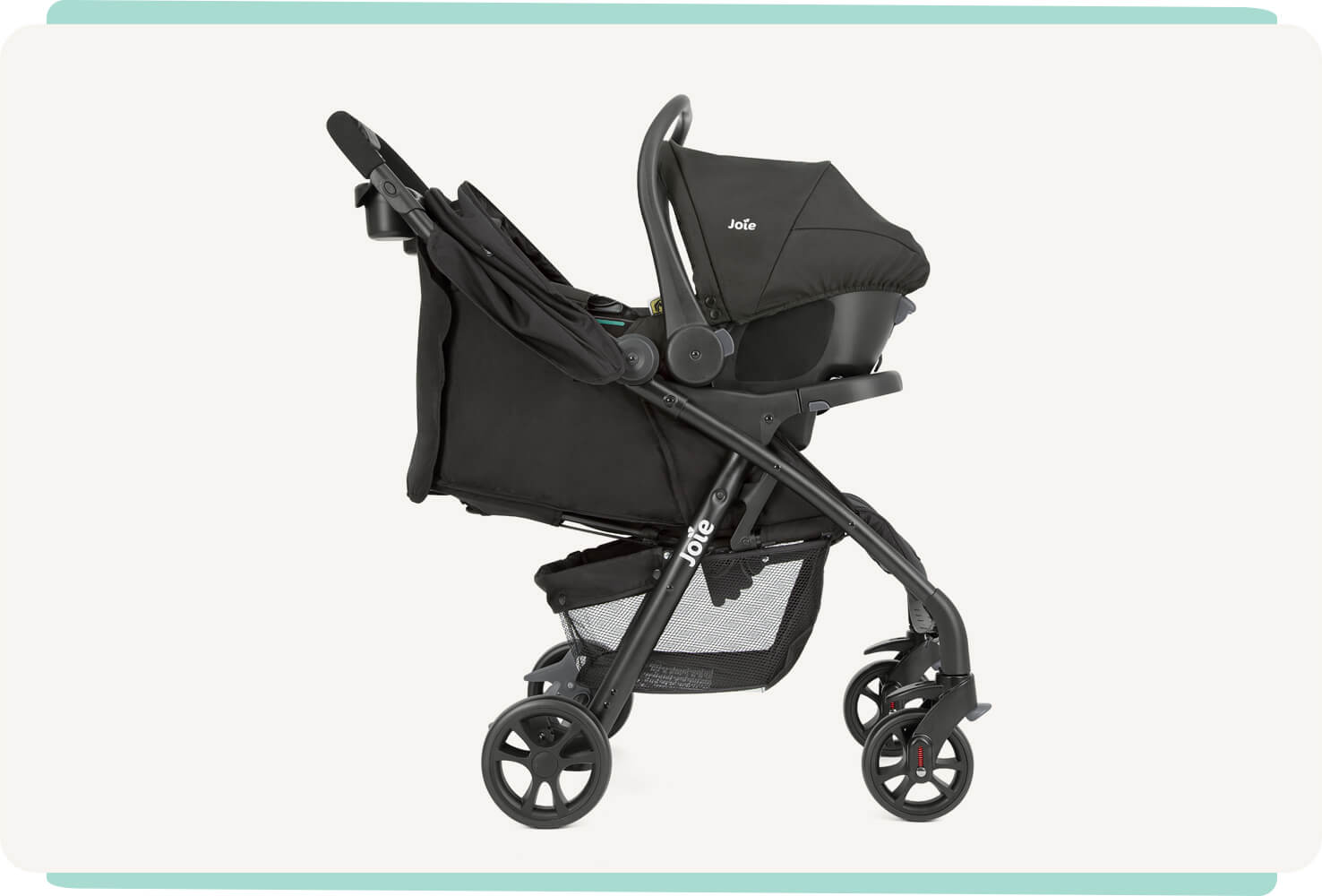  Joie i-Juva infant car seat on a stroller base to demonstrate travel system compatability.