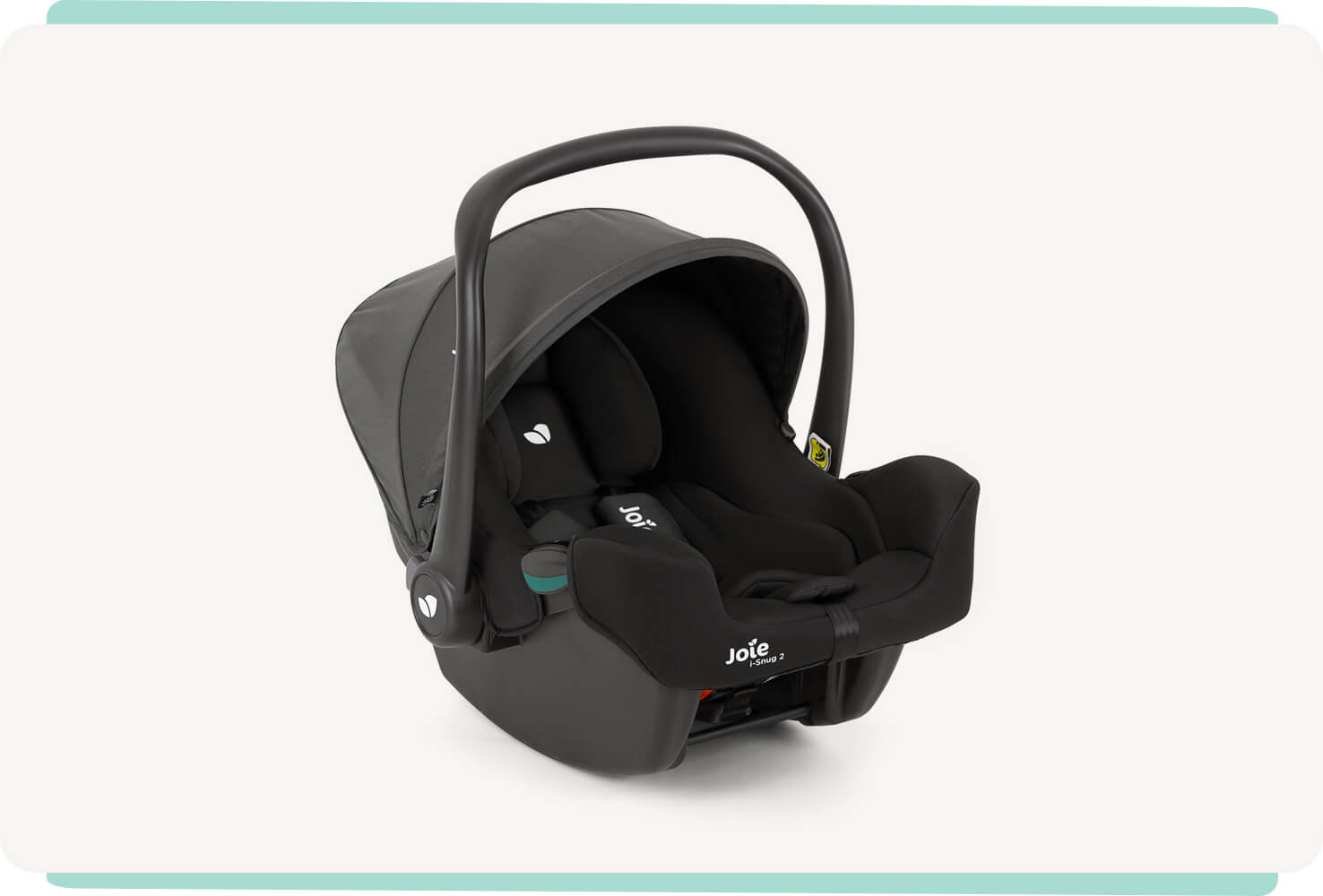 Joie I-snug 2 infant car seat in a two-tone black colour with canopy and handle up on a right angle position.