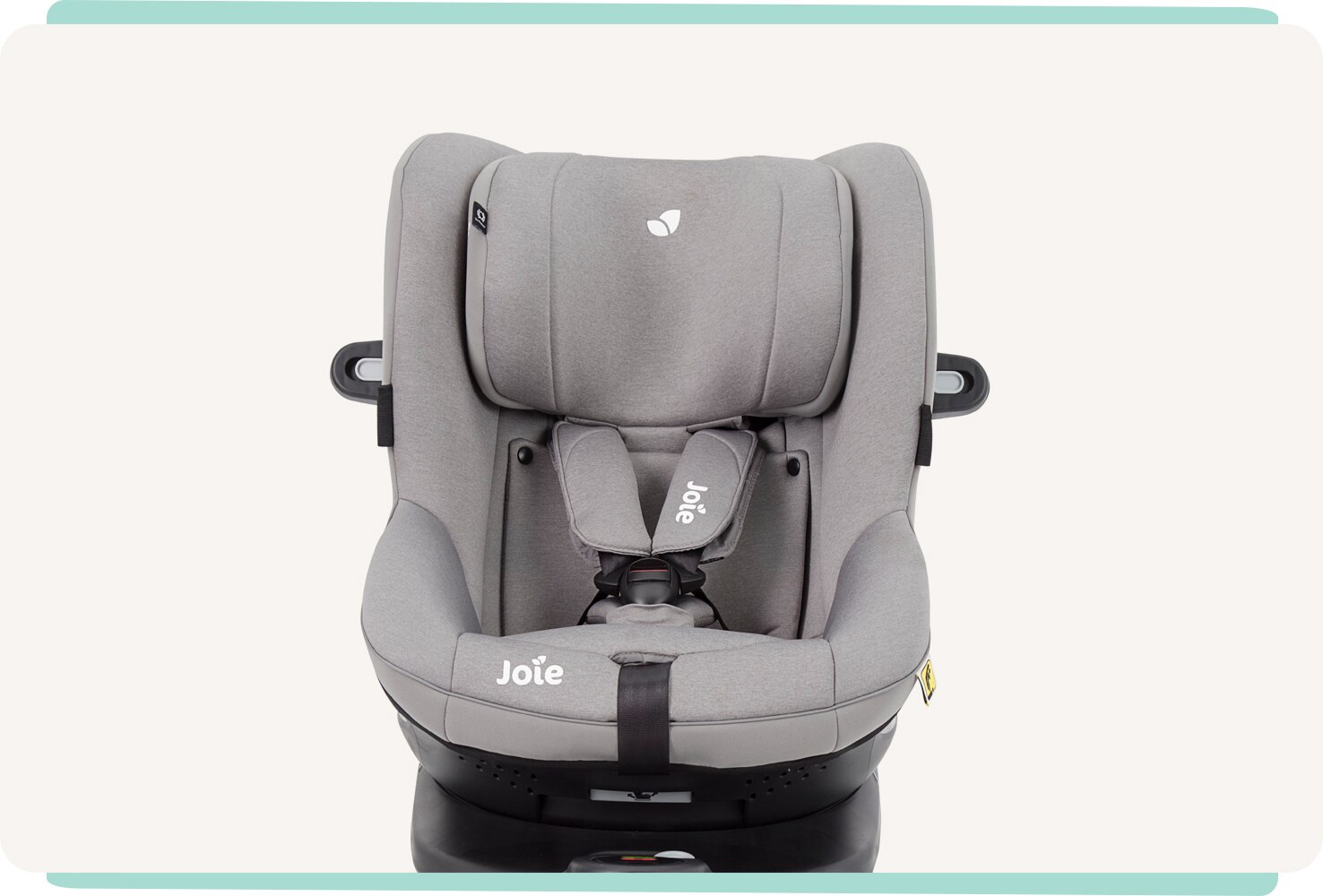    Joie I-Spin 360 E spinning car seat in light gray facing straight on.