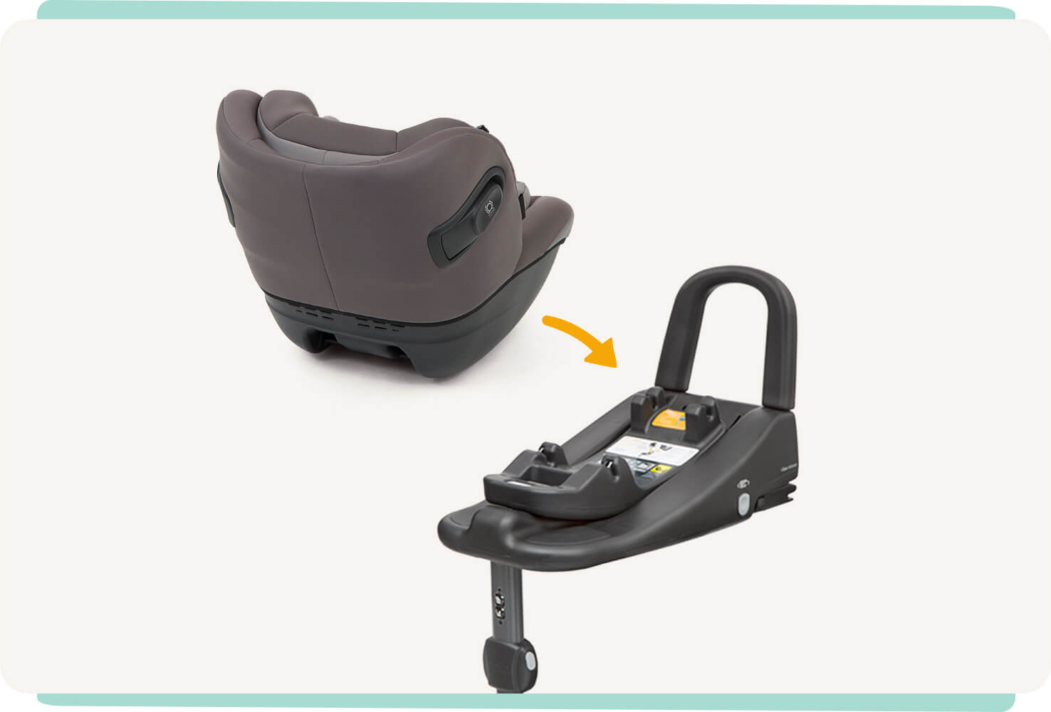 Black Joie i-Venture car seat pictured at an angle facing rearward, with an orange arrow pointing to a car seat base.