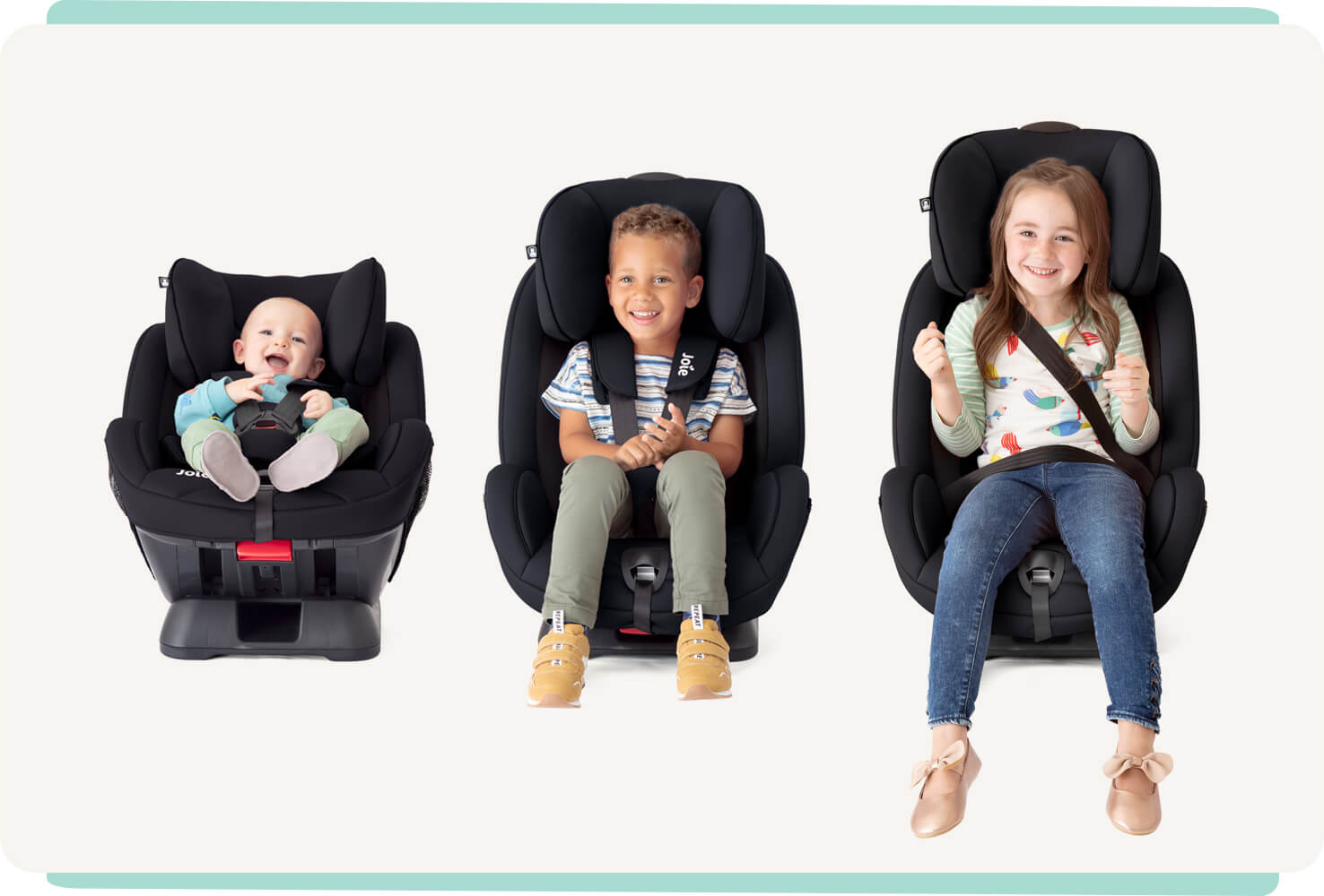  Three Joie stages car seats in black with three children in them of increasing age. 