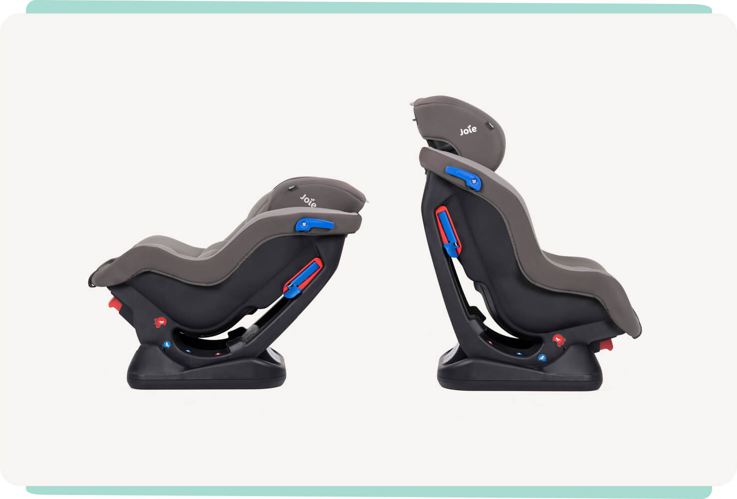 Two Joie Steadi car seat, one on the left that is full reclined postion and one on the right has the highest position headrest with a tan two tone colour, at a side angle.
