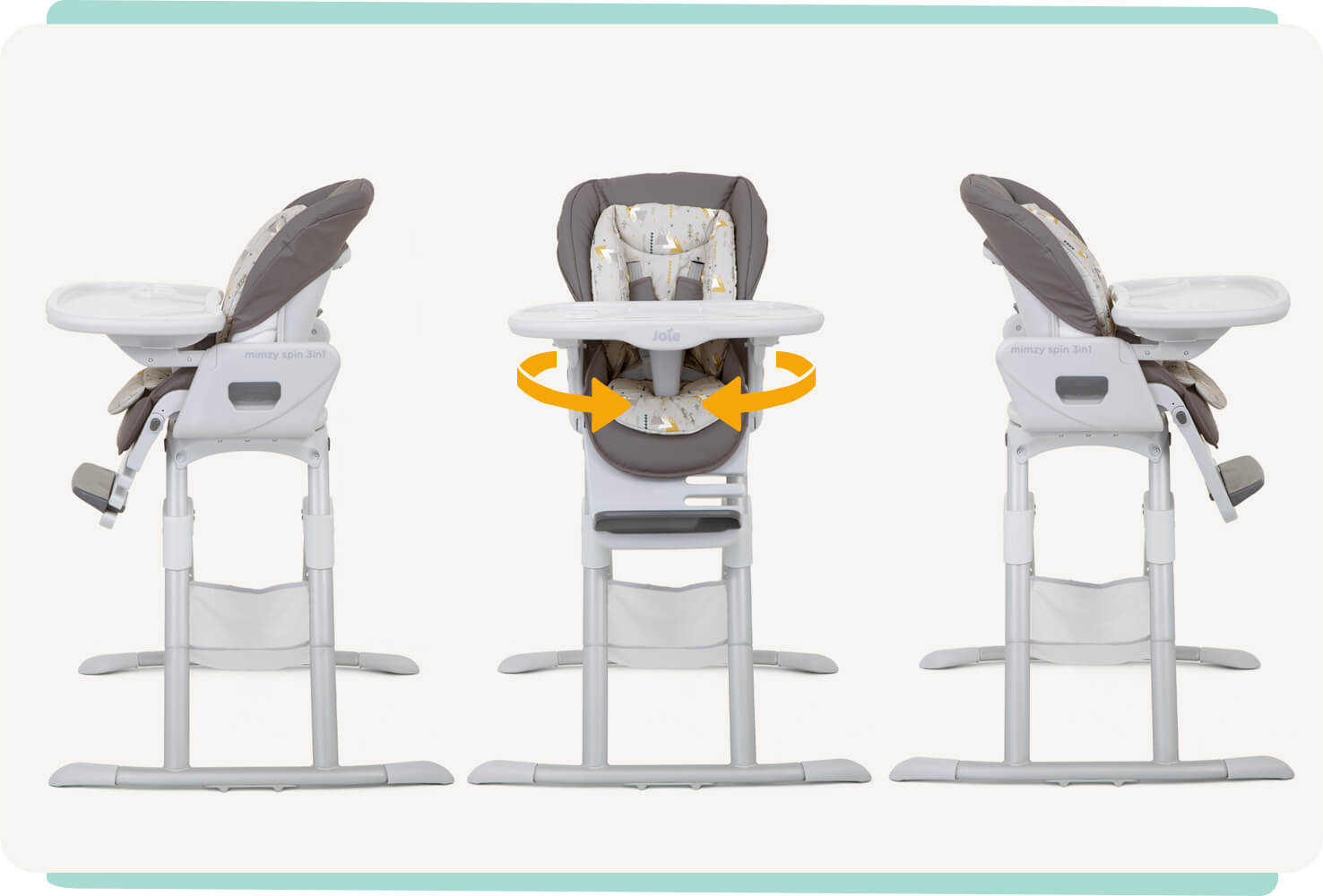  Three Joie mimzy Spin 3in1 highchairs. The two on the ends are side views facing out and the middle highchair is a front view overlaid with curved arrows coming around from the back on each side to indicate the seat spins on the base.