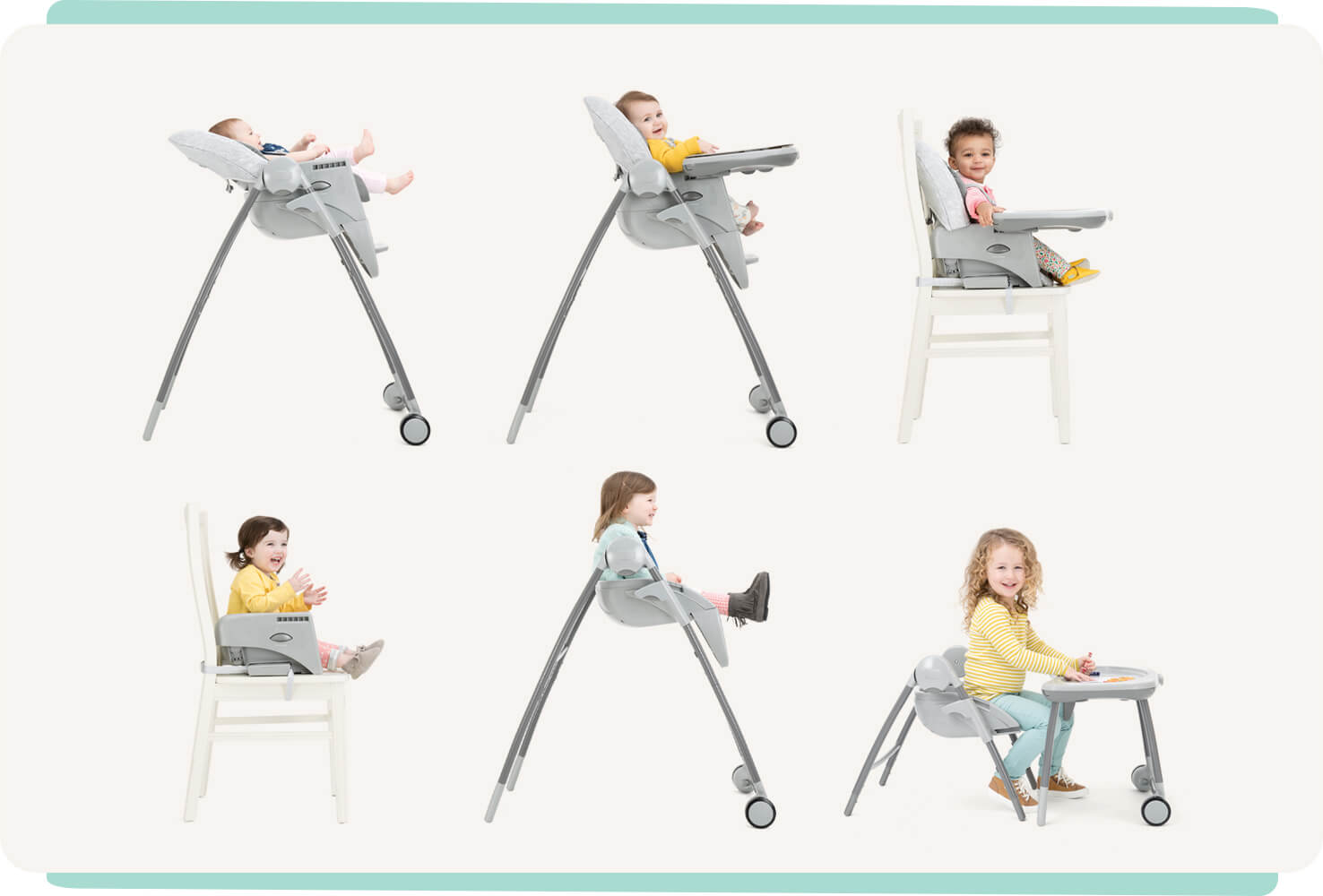  6 chaises hautes multiply montrant la position inclinable, la position assise, le rehausseur avec plateau sur la chaise, le rehausseur sans plateau sur la chaise, le rehausseur sur les pieds de la chaise haute, ainsi qu’un siège pour enfant avec plateau 