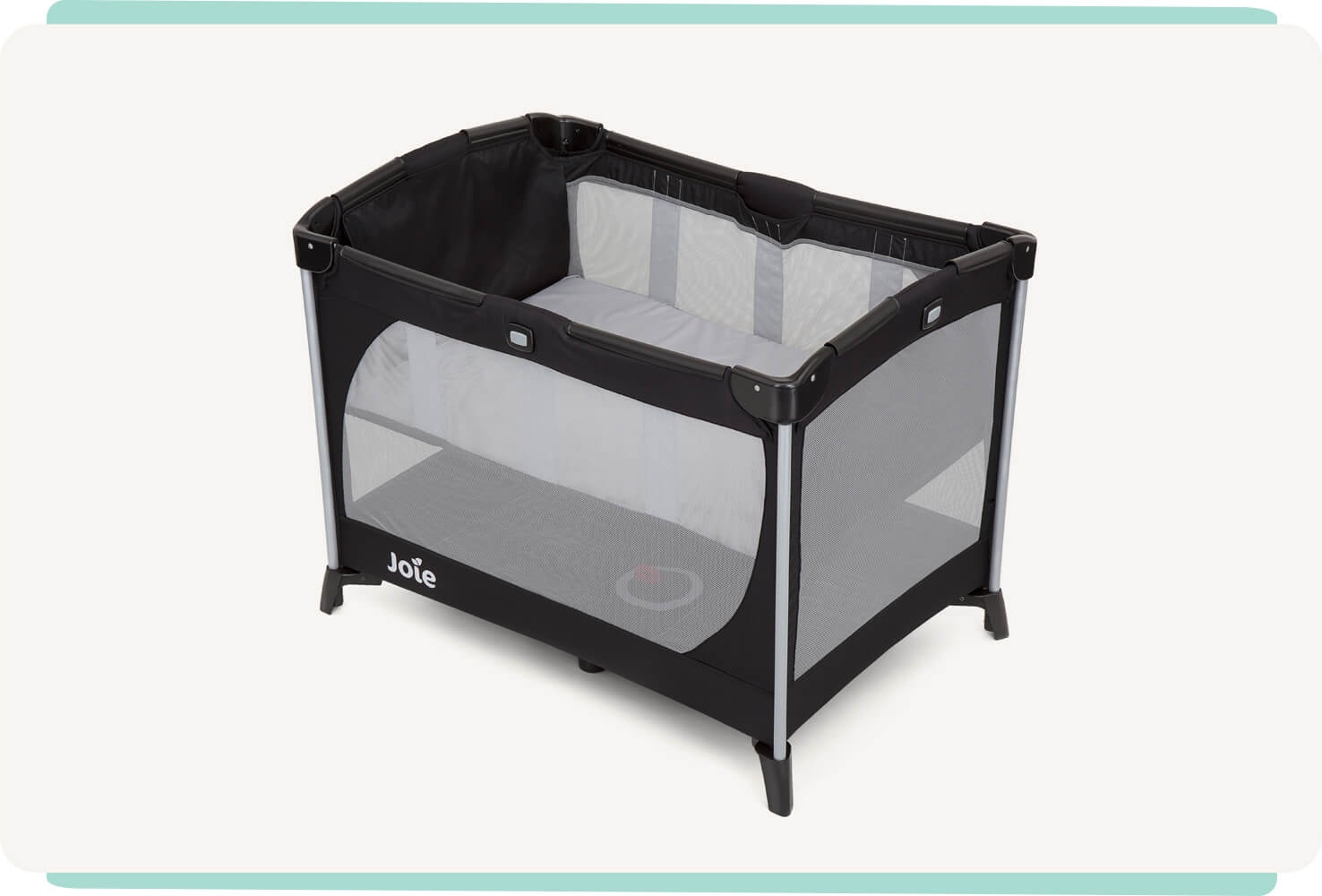 Black Joie Allura travel cot with bassinet facing toward the left at an angle.