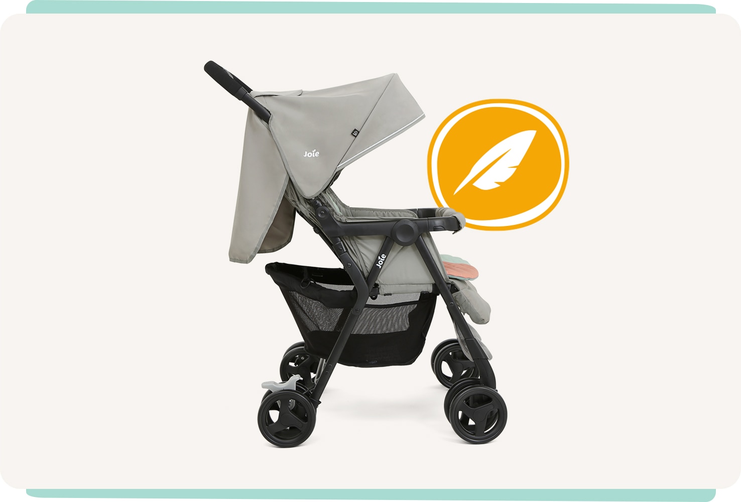  The Joie Aire Twin double stroller in light gray, in profile facing to the right, sitting next to an orange circle with a white outline and a white feather icon inside.