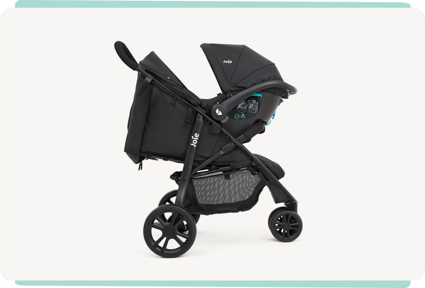 Joie litetrax 3 travel system in black with gemm infant carrier at an angle.