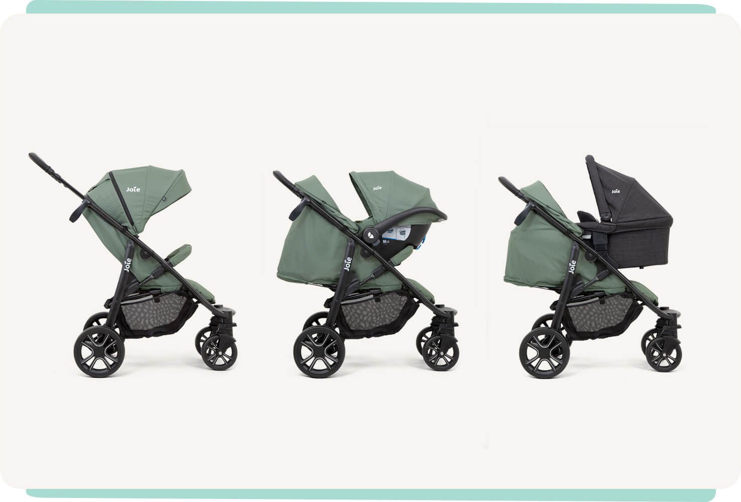 3 poussettes litetrax 4 dlx, coloris vert, vues de profil et montrant les 3 modes d’utilisation : poussette, système de voyage avec siège auto pour bébé et système de voyage avec nacelle.