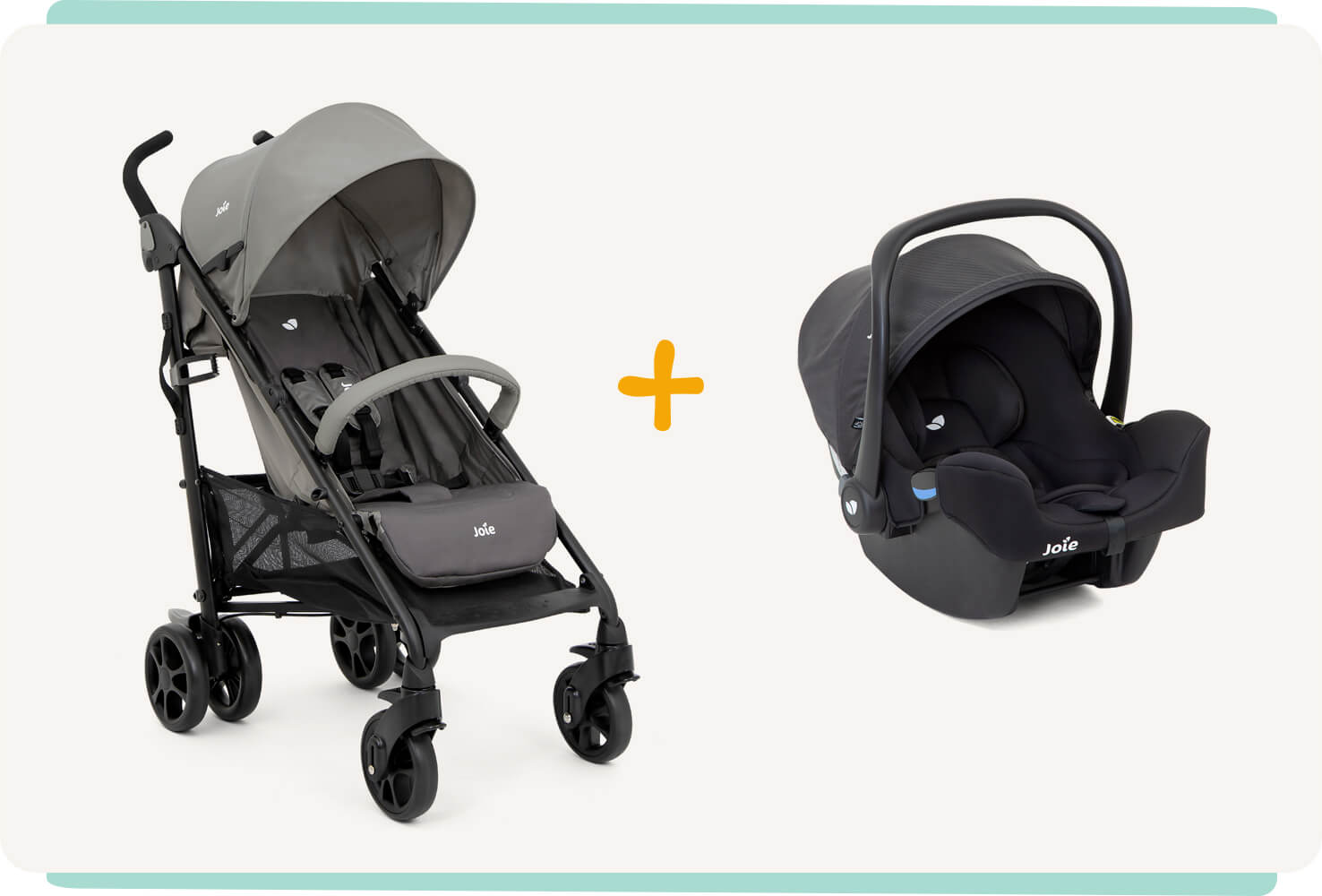   The Joie Brisk LX stroller in two tone gray, at an angle facing to the right, next to an I-Snug infant car seat in black, with an orange arrow in between the two.