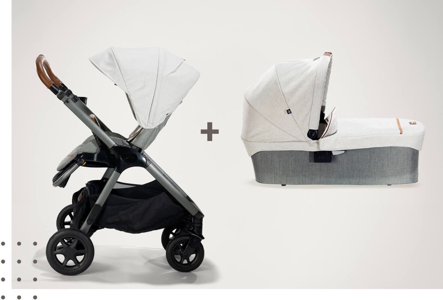 Joie Signature ramble carry cot with the Finiti pushchair from a side view with hood raised.