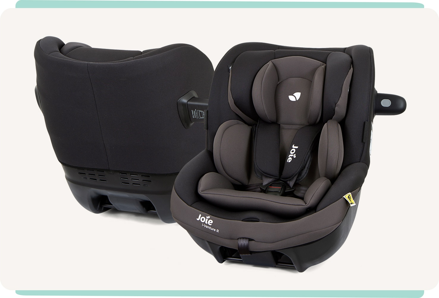 Black and gray Joie i-Venture R car seat pictured at an angle facing rearward on a car seat base.