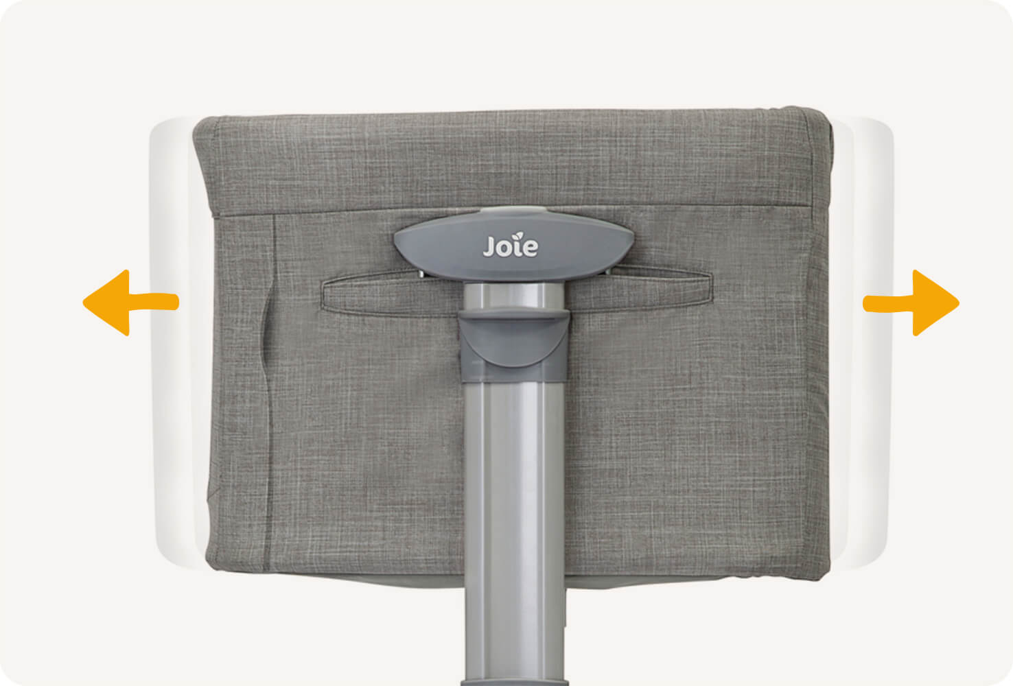  Zoomed in on side profile of light grey Joie roomie glide bedside crib. Two orange arrows display the gliding motions of the bedside crib.