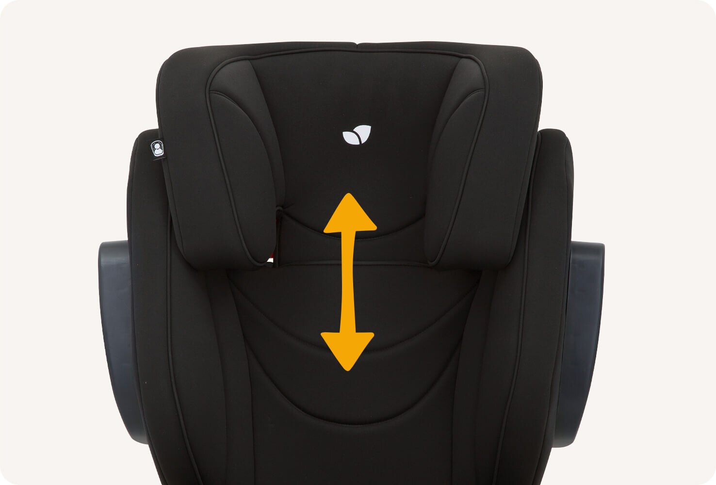  Joie traver booster seat in black with a close up of headrest and an arrow point up and down on headrest. 