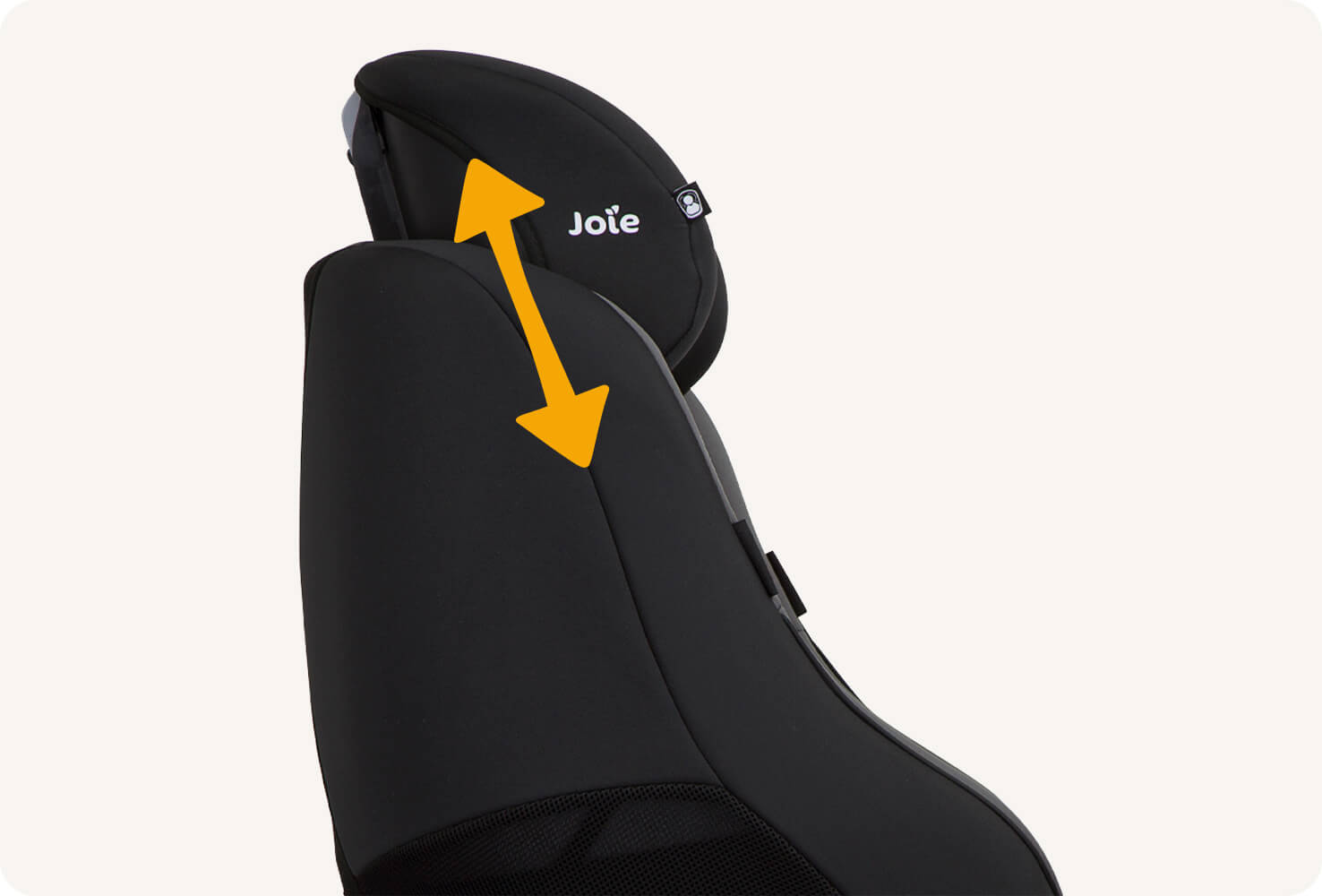  Joie spin 360 car seat in gray and black close up of headrest with arrow pointing up and down. 