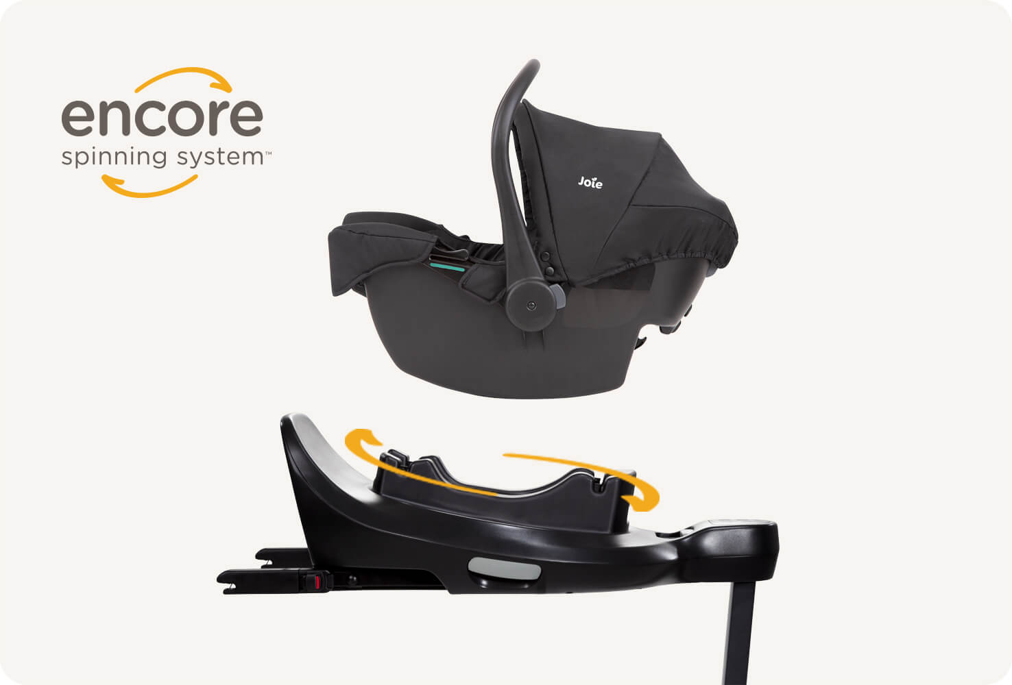 Joie i-Juva infant car seat hovering above the i-Base Encore spinning car seat base, with 