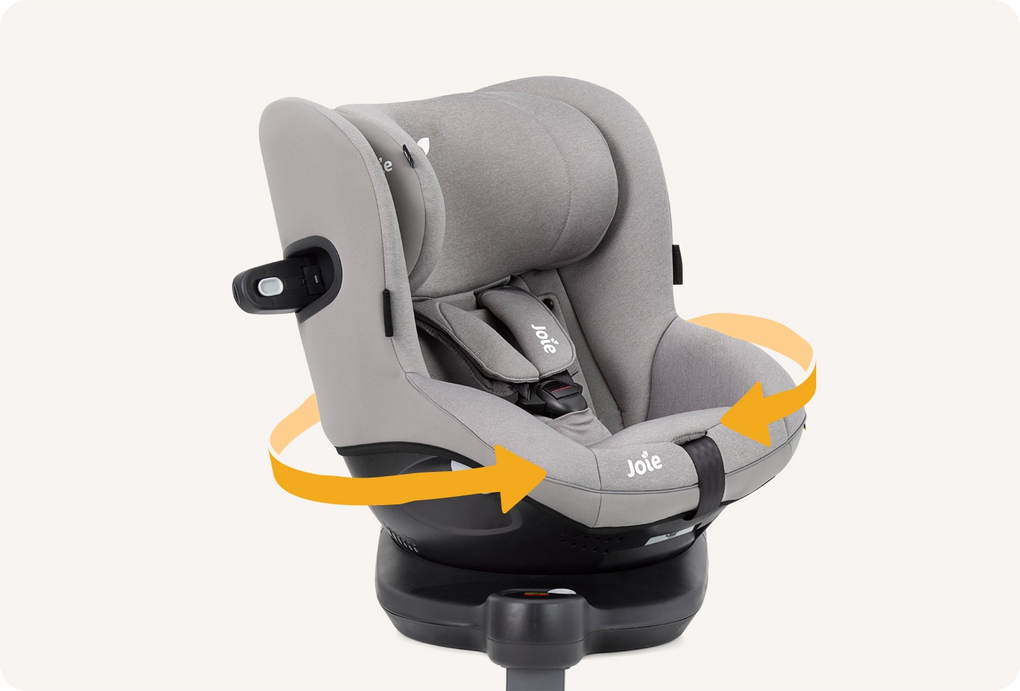    Joie I-Spin 360 E spinning car seat in light gray with the base facing straight on and seat turned 45 degrees to the right, with two orange arrows encircling the seat.