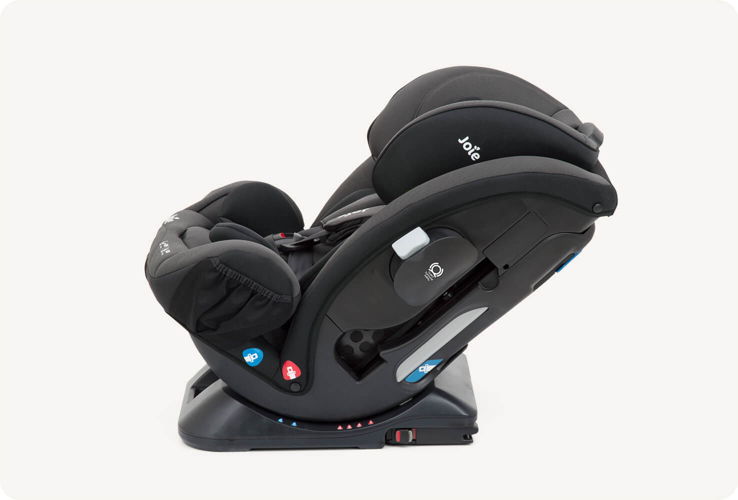   Side profile of black Joie verso booster car seat in a reclined position.