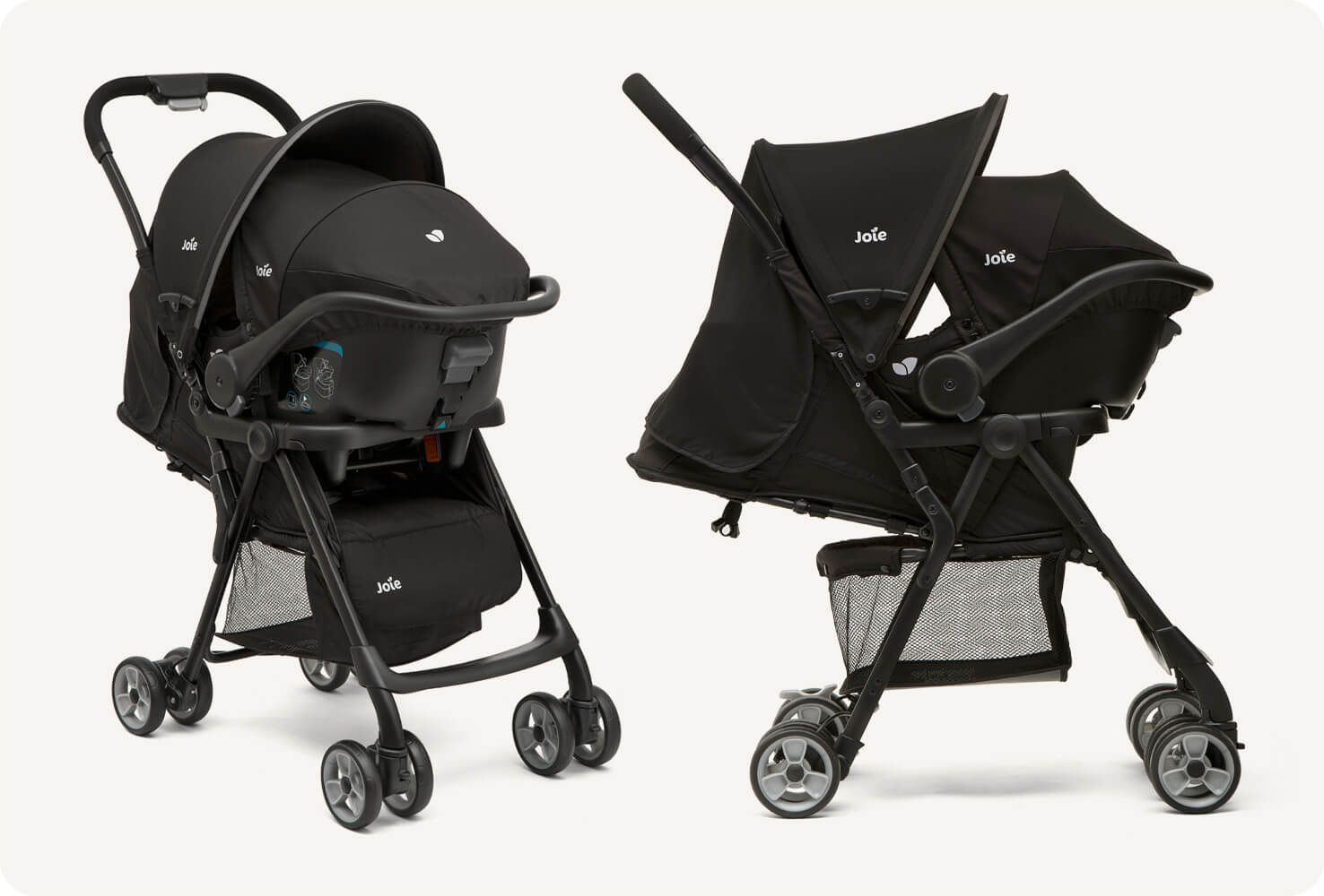  Two images of the Joie juva infant car seat on a stroller base side-by-side showing the travel system compatability from a right angle and profile view. 