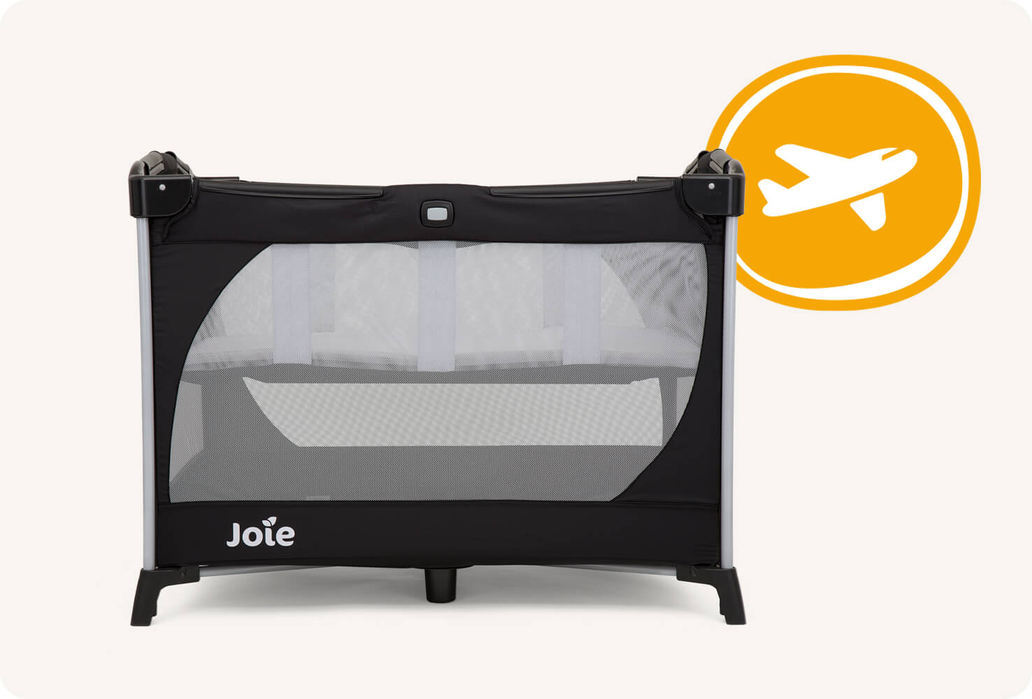 Black Joie Allura travel cot with bassinet facing straight on with an orange circle enclosing a white airplane icon.