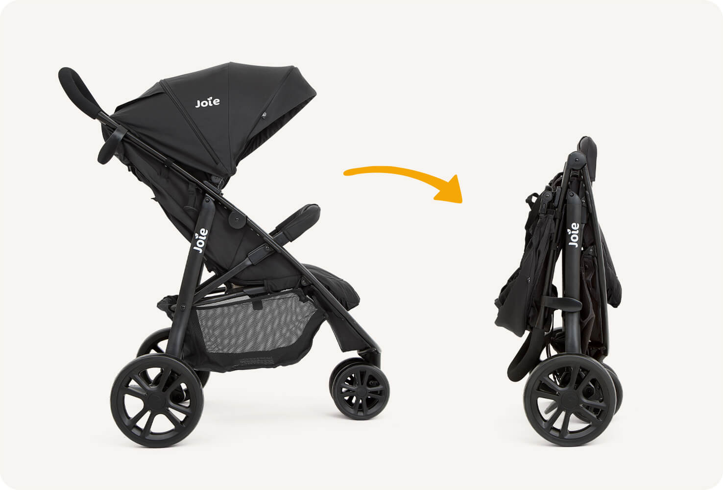   Joie litetrax 3 stroller folded at angle being held by a hand.