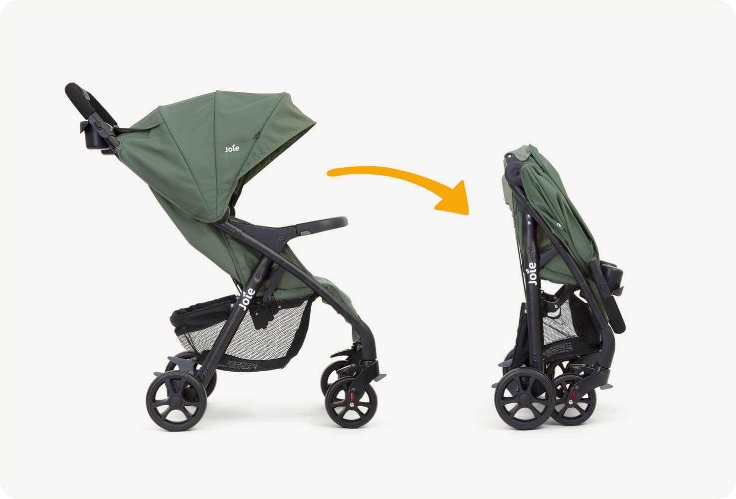   Side profile of Joie light green muze lx stroller next to folded up Joie light green muze lx stroller.