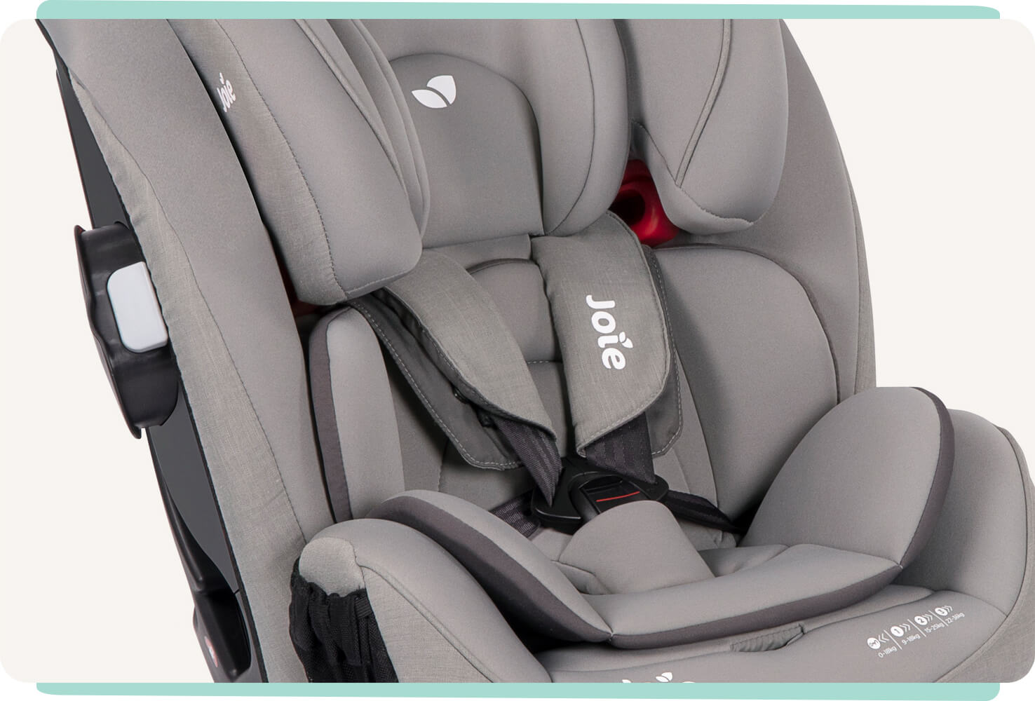   Closeup of a light gray Joie Every Stage FX car seat showing the 5-point harness and infant insert.