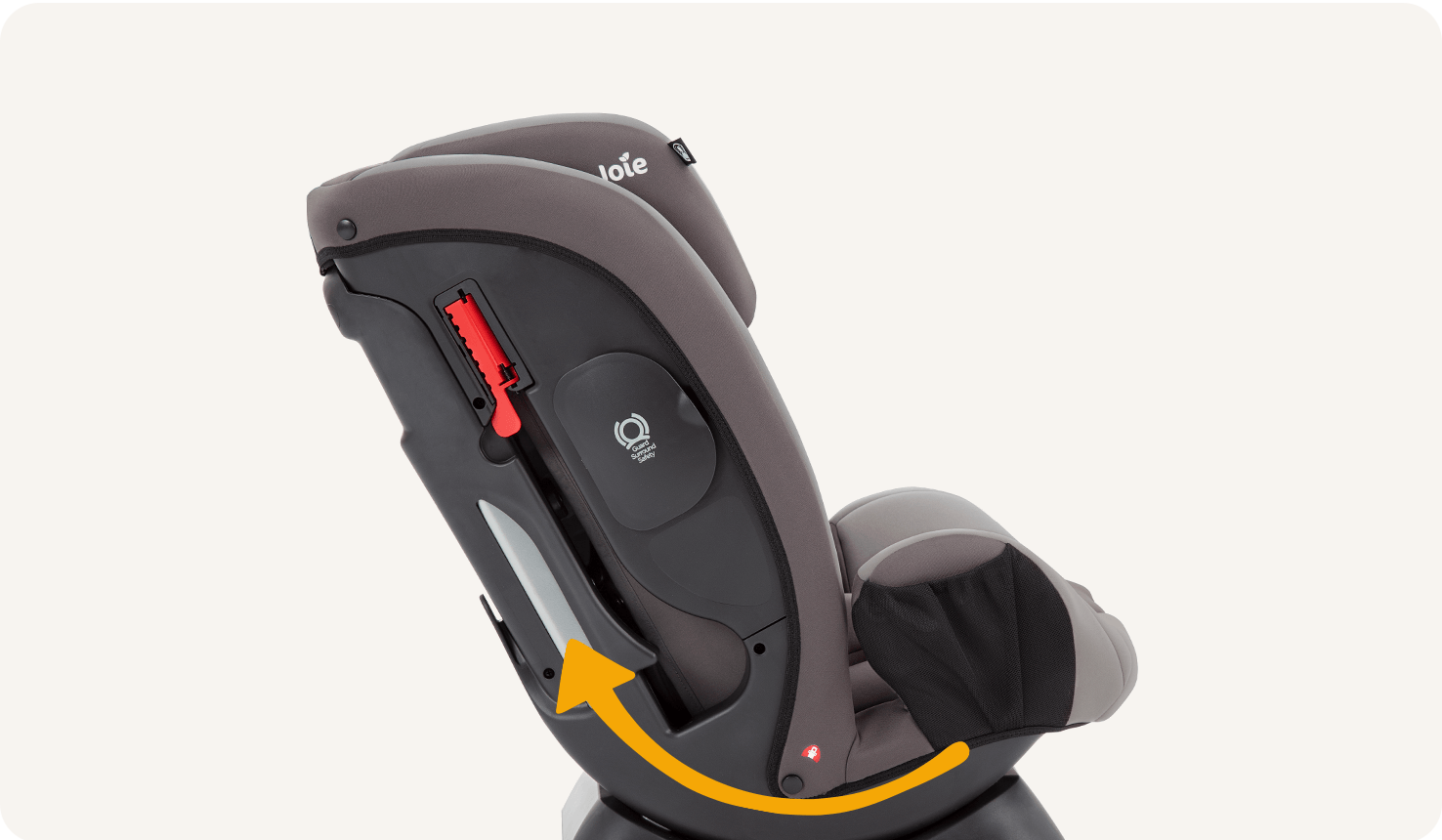 Right profile view of fortifi child car seat with an arrow along the bottom curve of the seat.