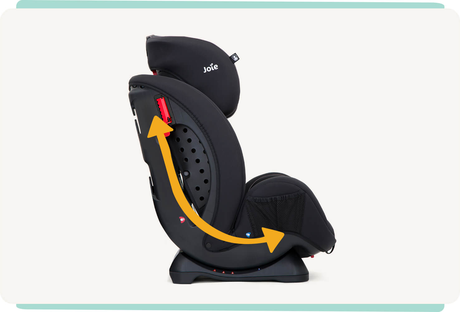  Joie stages car seat in black facing right recline with curved arrow pointing up the seat. 