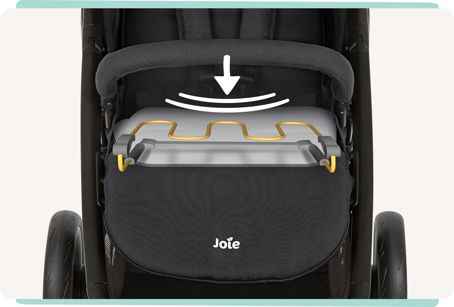 JoIe black litetrax S stroller with animation of flex comfort spring.