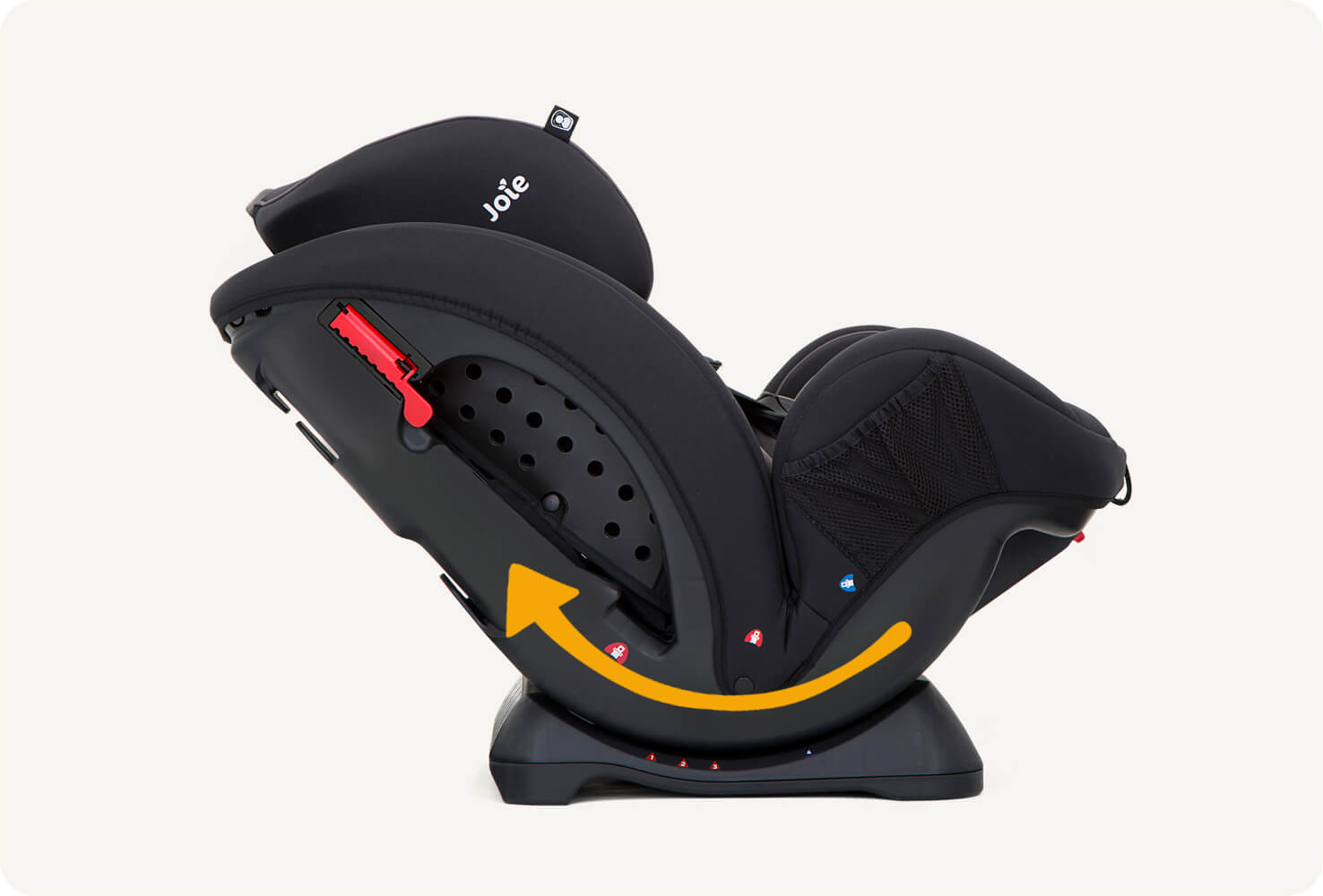 Joie stages car seat in black straight on close-up of headrest with an arrow point up and down. 