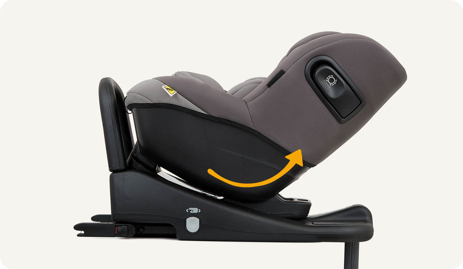  Joie I-Venture car seat in profile on the I-Base Advance car seat base with a curved orange arrow overlaid on the seat.
