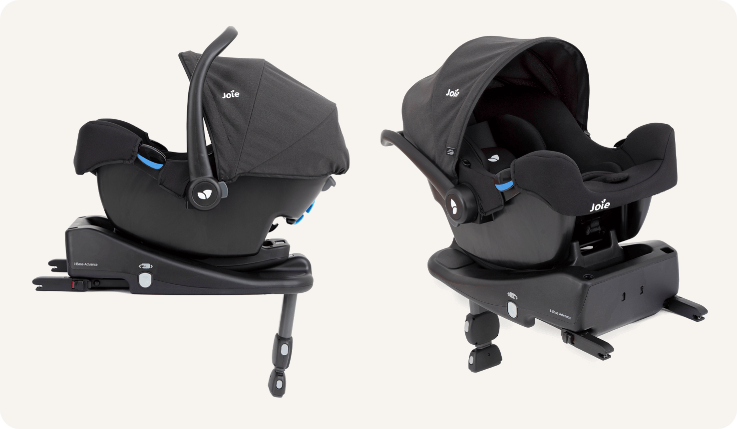 Two Joie I-Snug infant car seats side by side: left image in profile on the I-Base Advance, right image facing to the right at an angle on the I-Base Advance.
