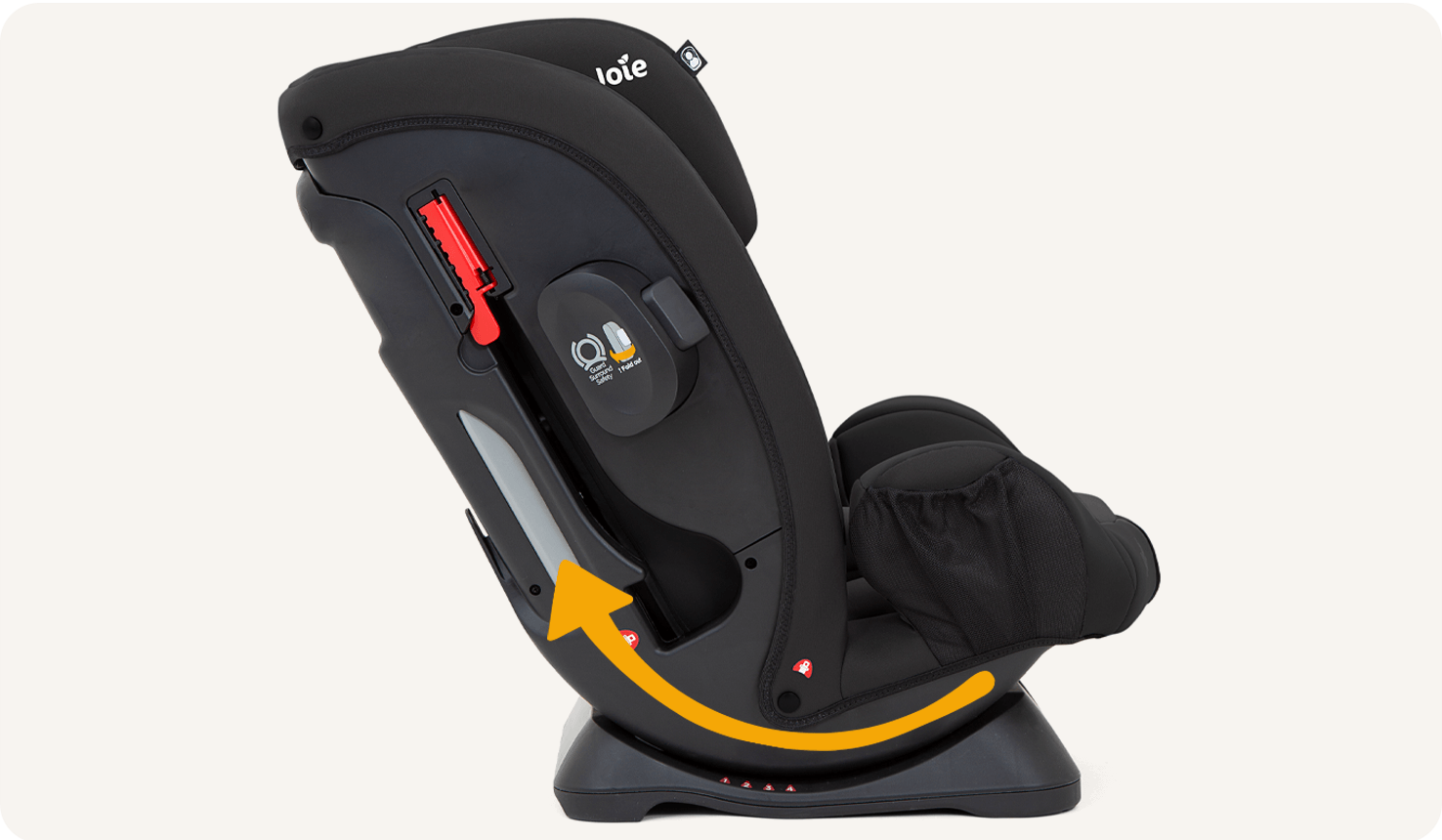 Right profile view of fortifi R child car seat with an arrow along the bottom curve of the seat.