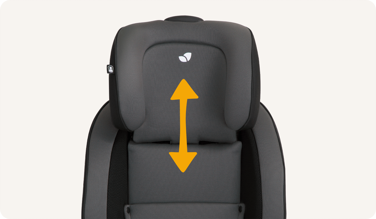 Closeup of the Joie Stages FX headrest fully raised with an orange double sided vertical arrow indicating the height adjustment