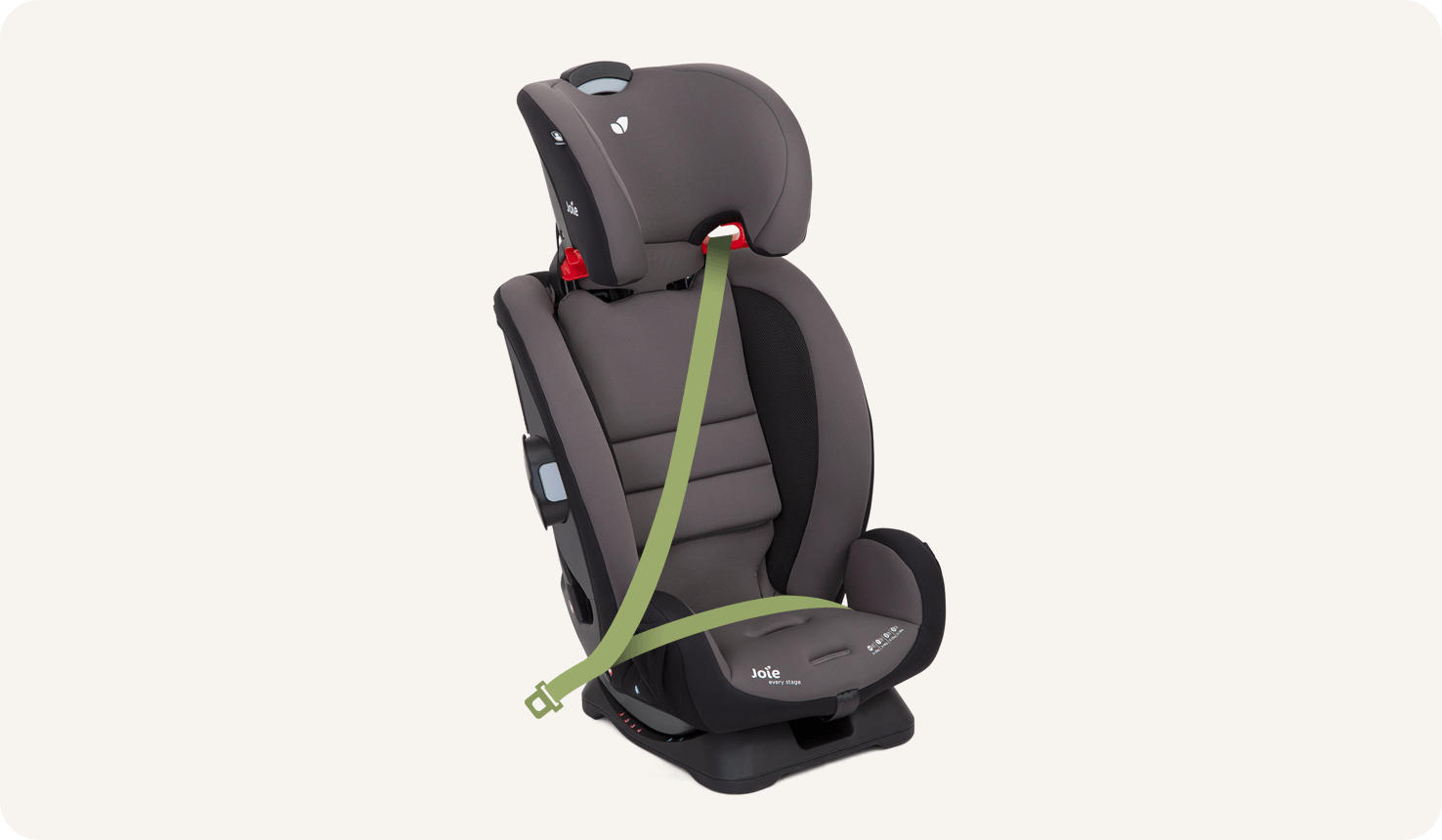  A black and gray Joie Every Stage car seat with the harness hidden, and a green animated vehicle belt securing the seat.