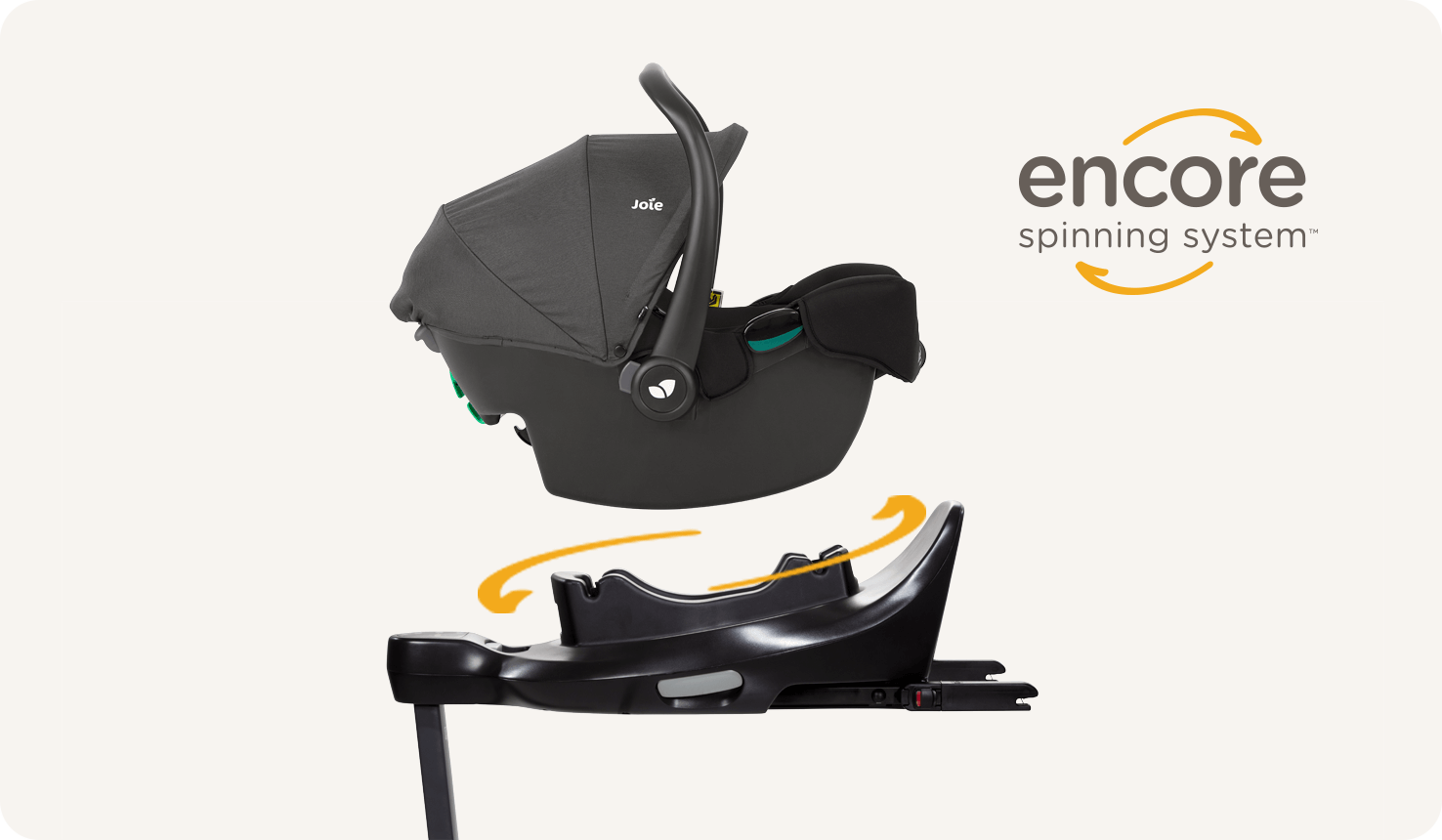 Joie I-snug 2 infant car seat in a grey colour with canopy and handle up hovering over a car seat base on a side angle and the “Encore Spinning System” logo on upper right side. 