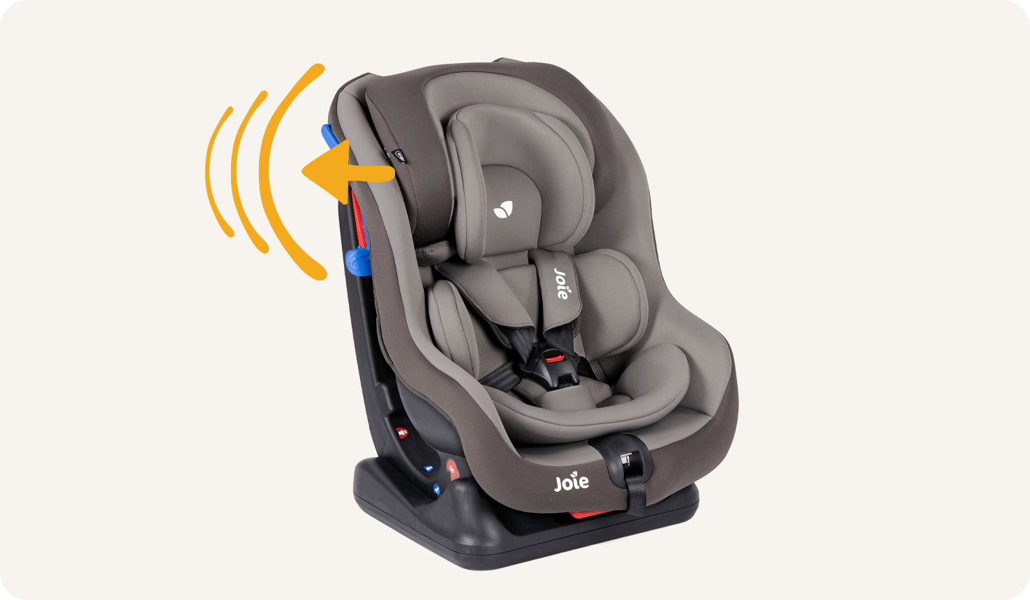 Joie Steadi car seat with harness clipped in with a tan two tone colour, at an angle facing to the right and arrow pointing outward at headrest with two lines. 