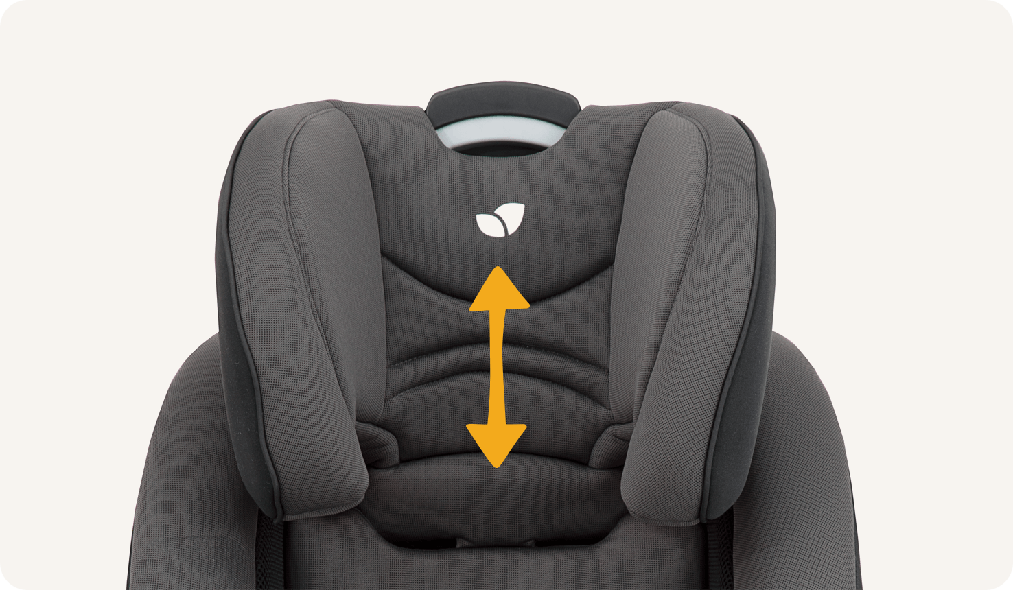  Zoomed in view of the headrest of a Joie verso booster car seat with an orange arrow showing the different headrest positions.