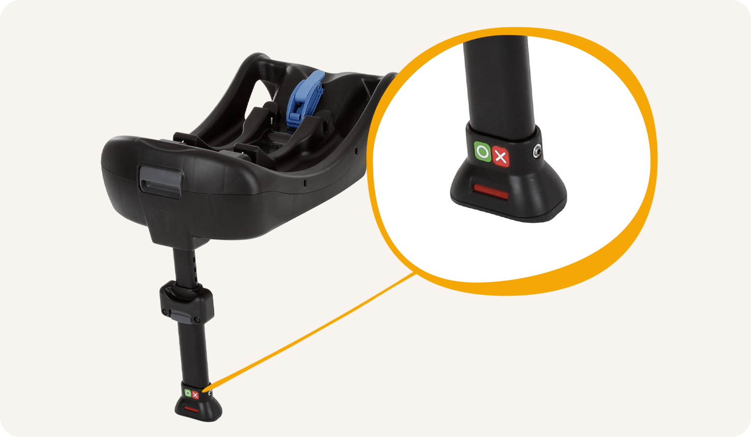  Joie clickFIT car seat base at an angle, with an inset closeup of the load leg installation indicator.