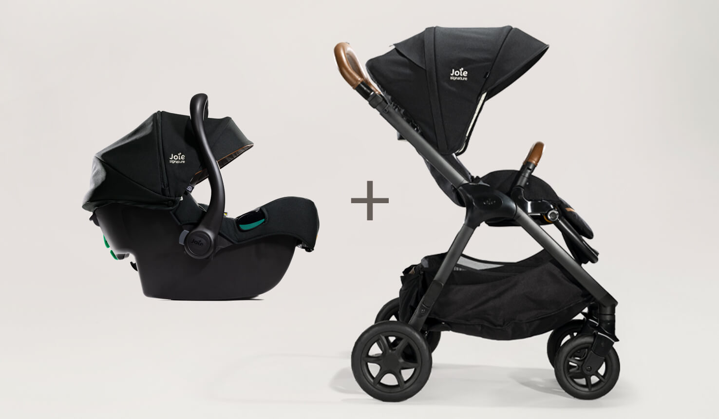A black i-Jemini infant car seat in profile, plus symbol, and black Finiti pushchair in profile